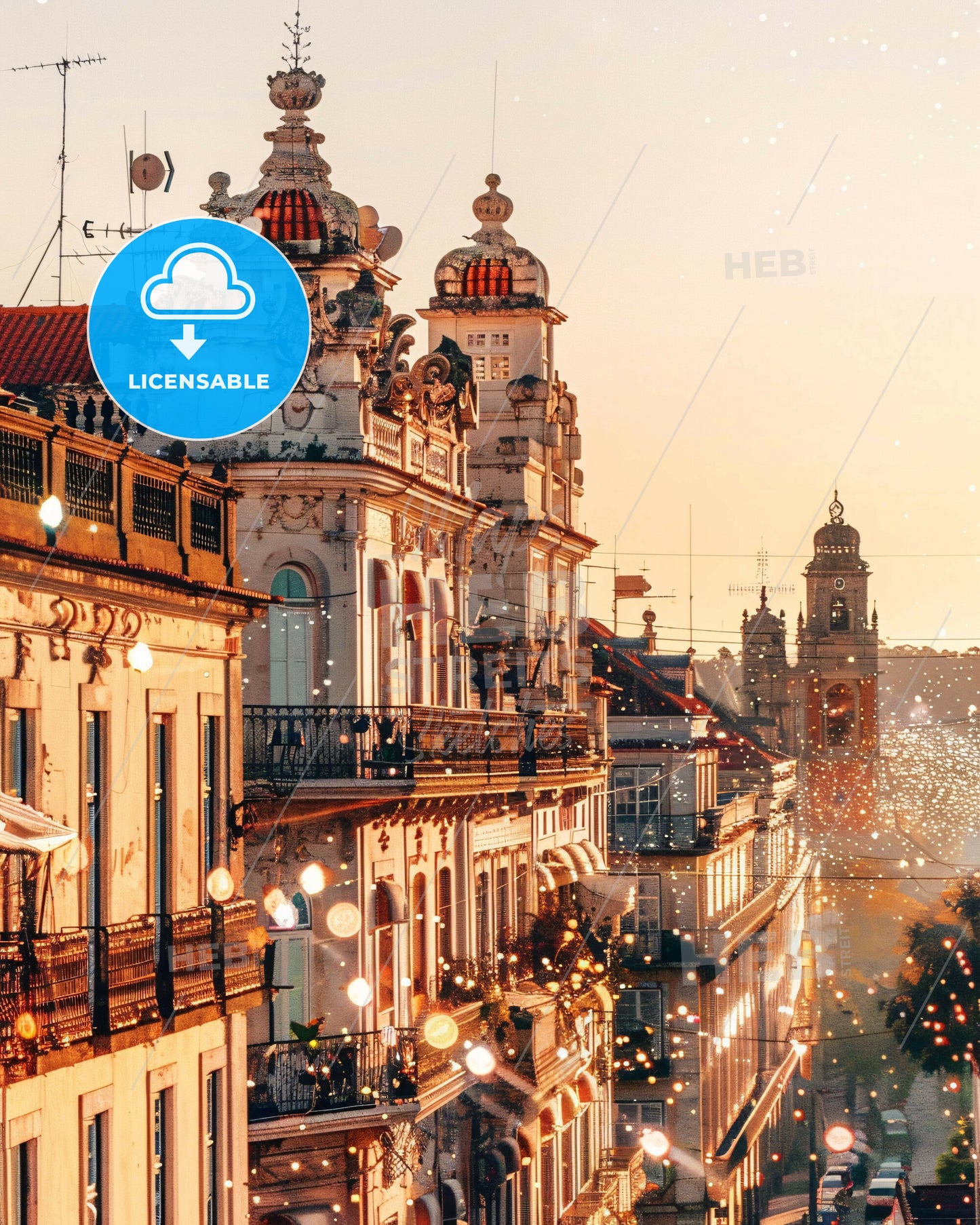 Quarteira Skyline Double Exposure Poster Art - A building with many windows and a tower