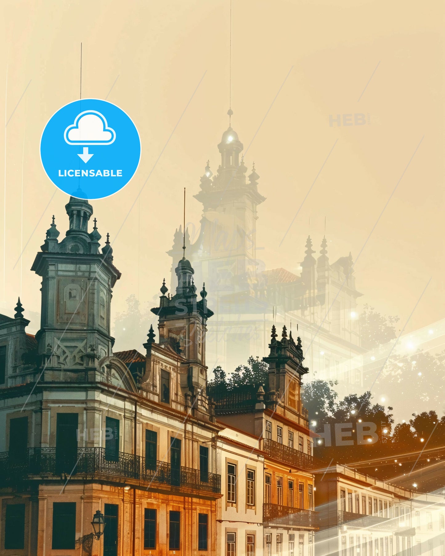 Queluz City Skyline Double Exposure Art Composite - A building with towers and a tower in the background