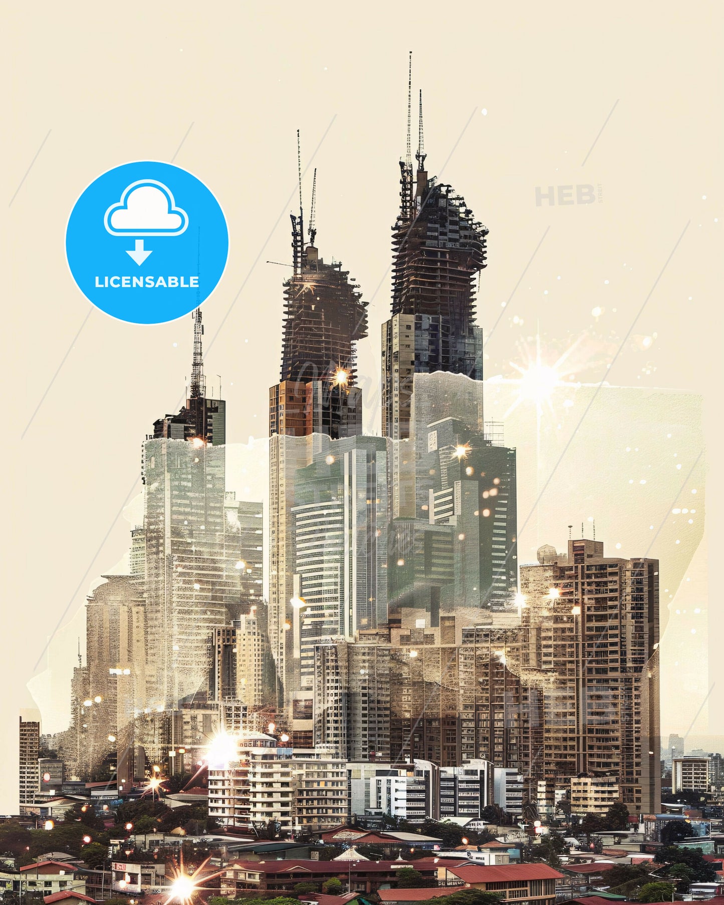 Quezon City Skyline Double Exposure Poster Art - A city with many tall buildings