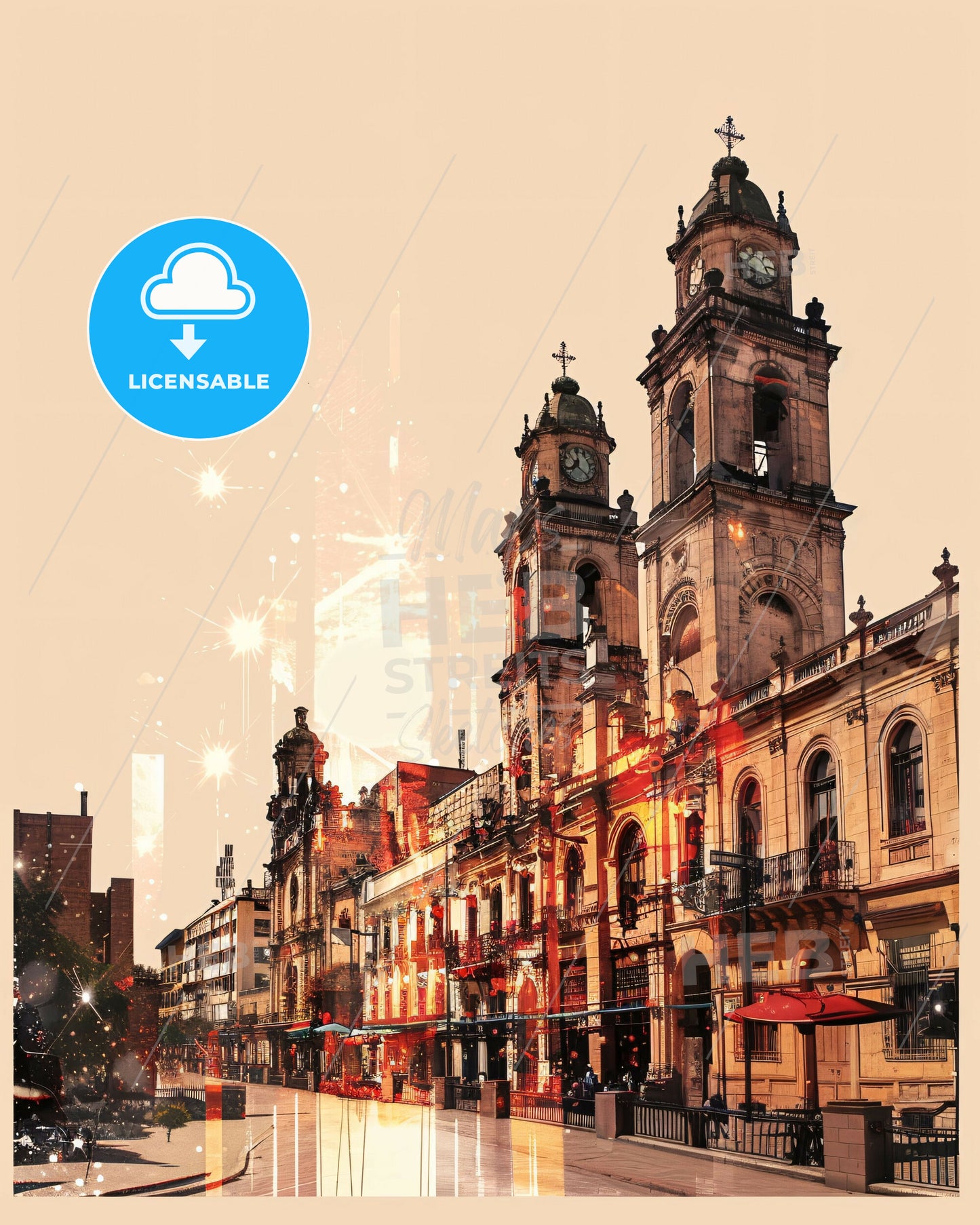 Quilmes City Skyline Composite Art on Beige - A building with a clock tower