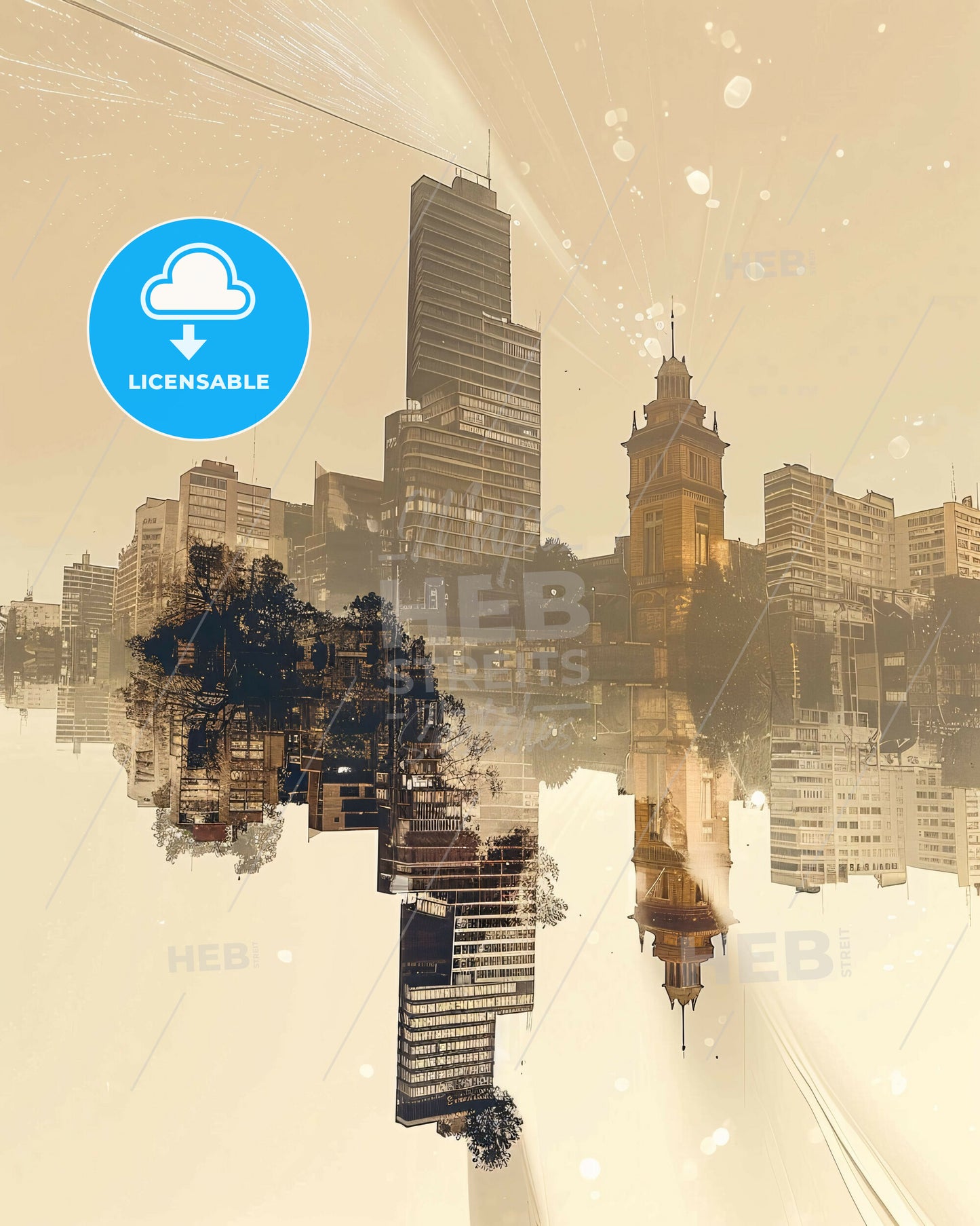 Quilmes Skyline Double Exposure Art Deco - A city with trees and buildings