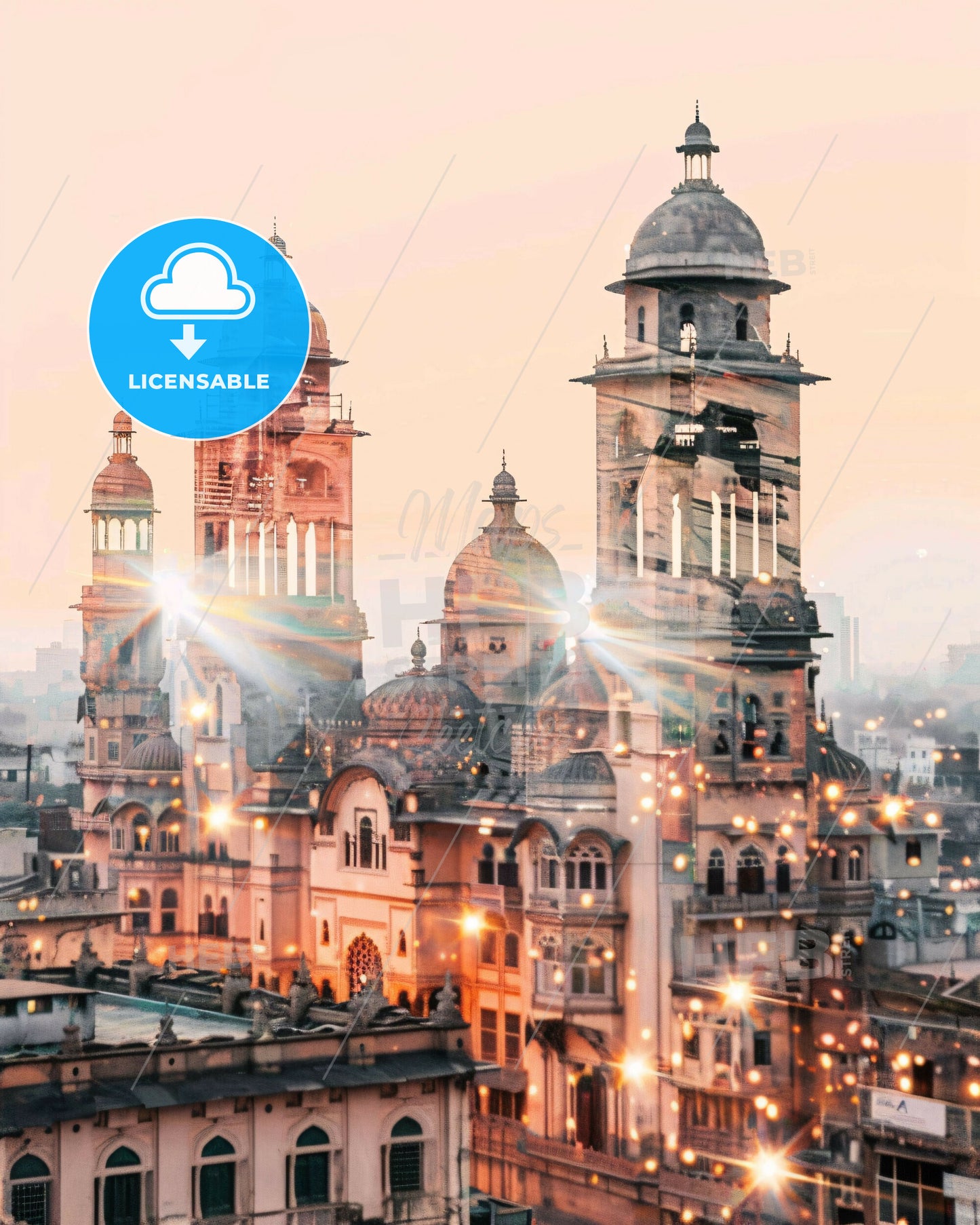 Rahim Yar Khan Skyline Double Exposure Art - A large building with towers and lights