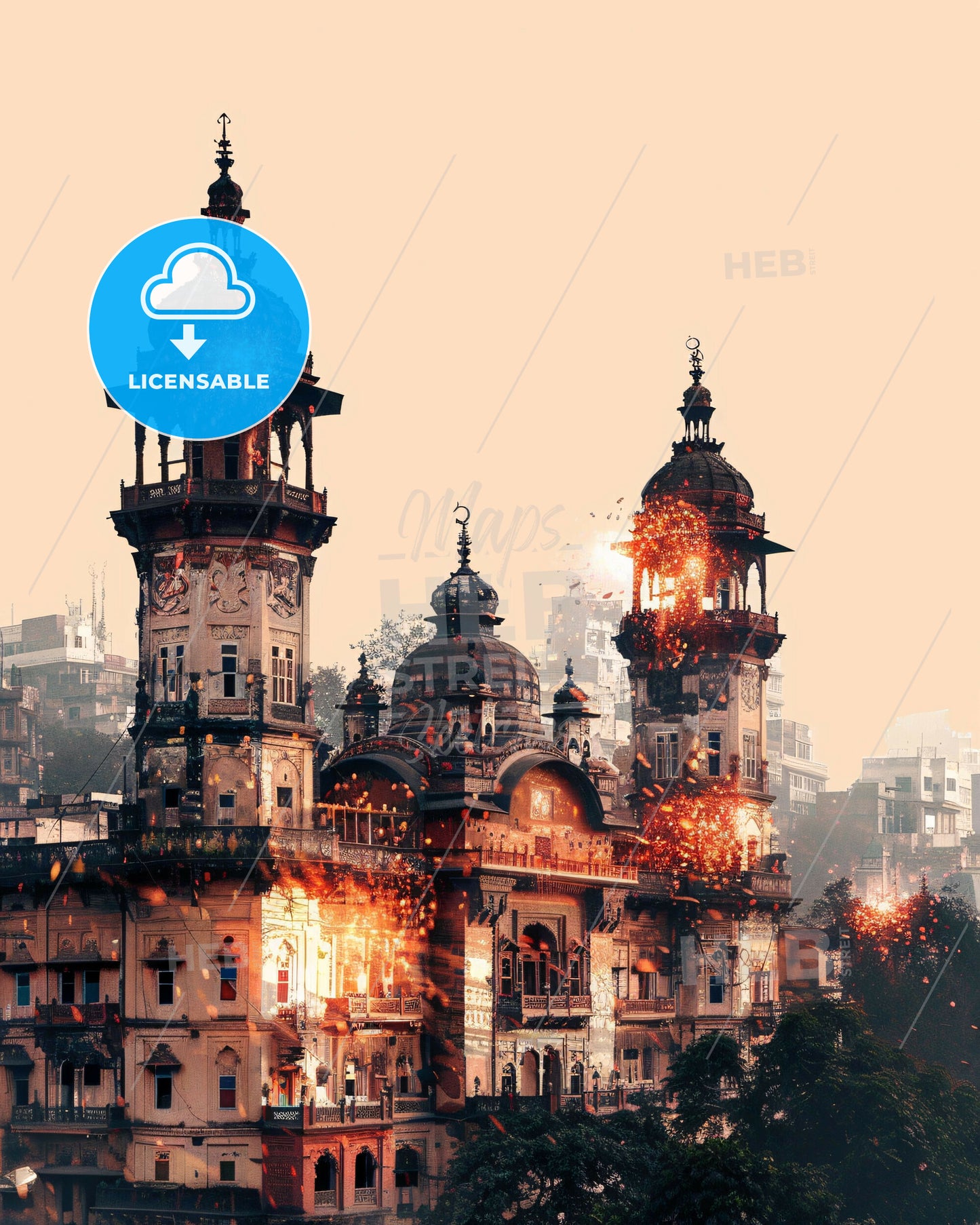 Rahim Yar Khan's Skyline on Bright Beige - A building with towers and fireworks