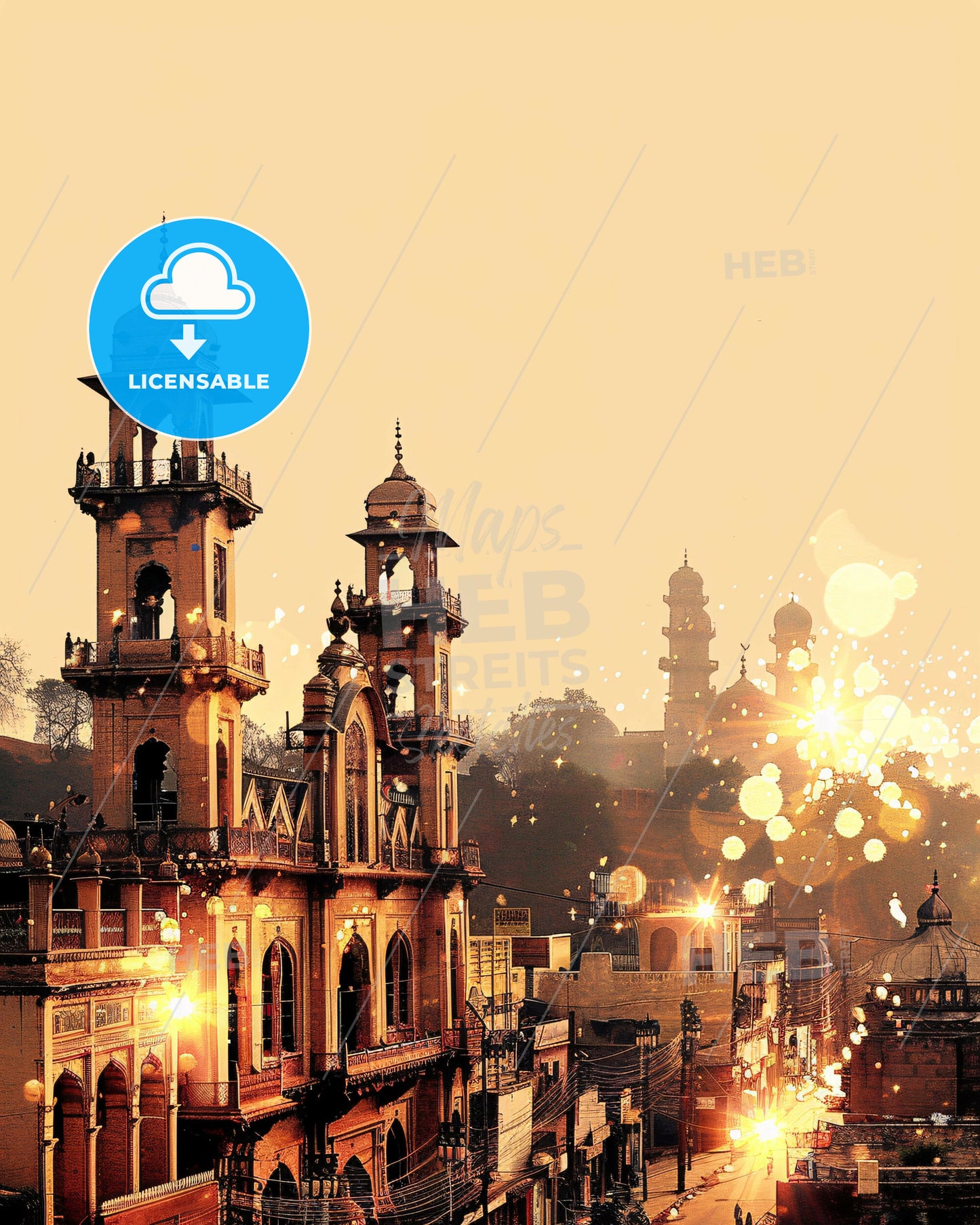 Rahim Yar Khan Skyline Art Print - A building with towers and lights