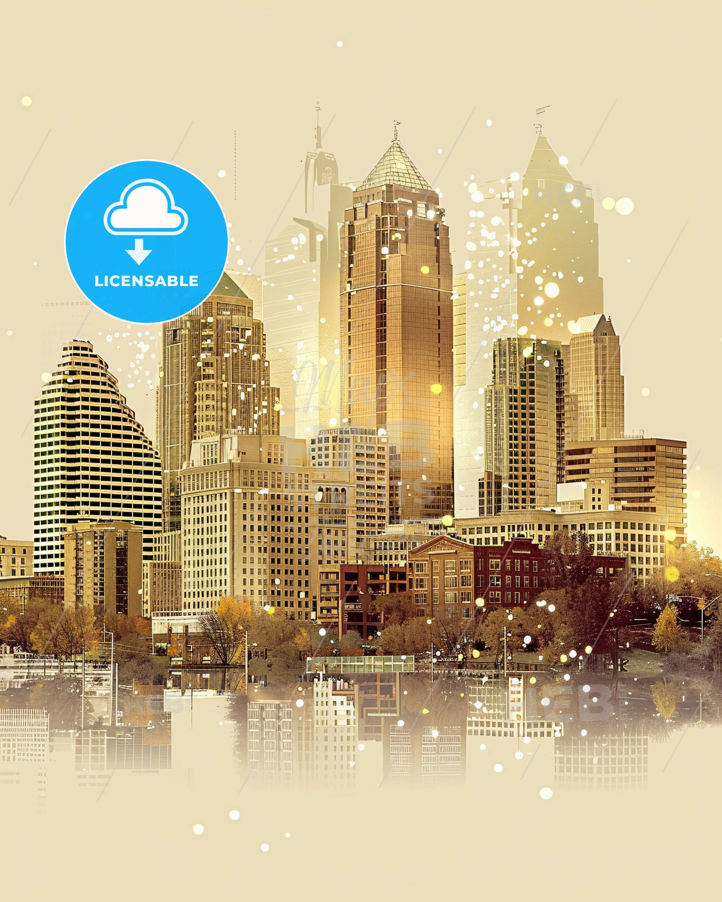 Raleigh City Lights Skyline Composite Poster Art - A city skyline with trees and water