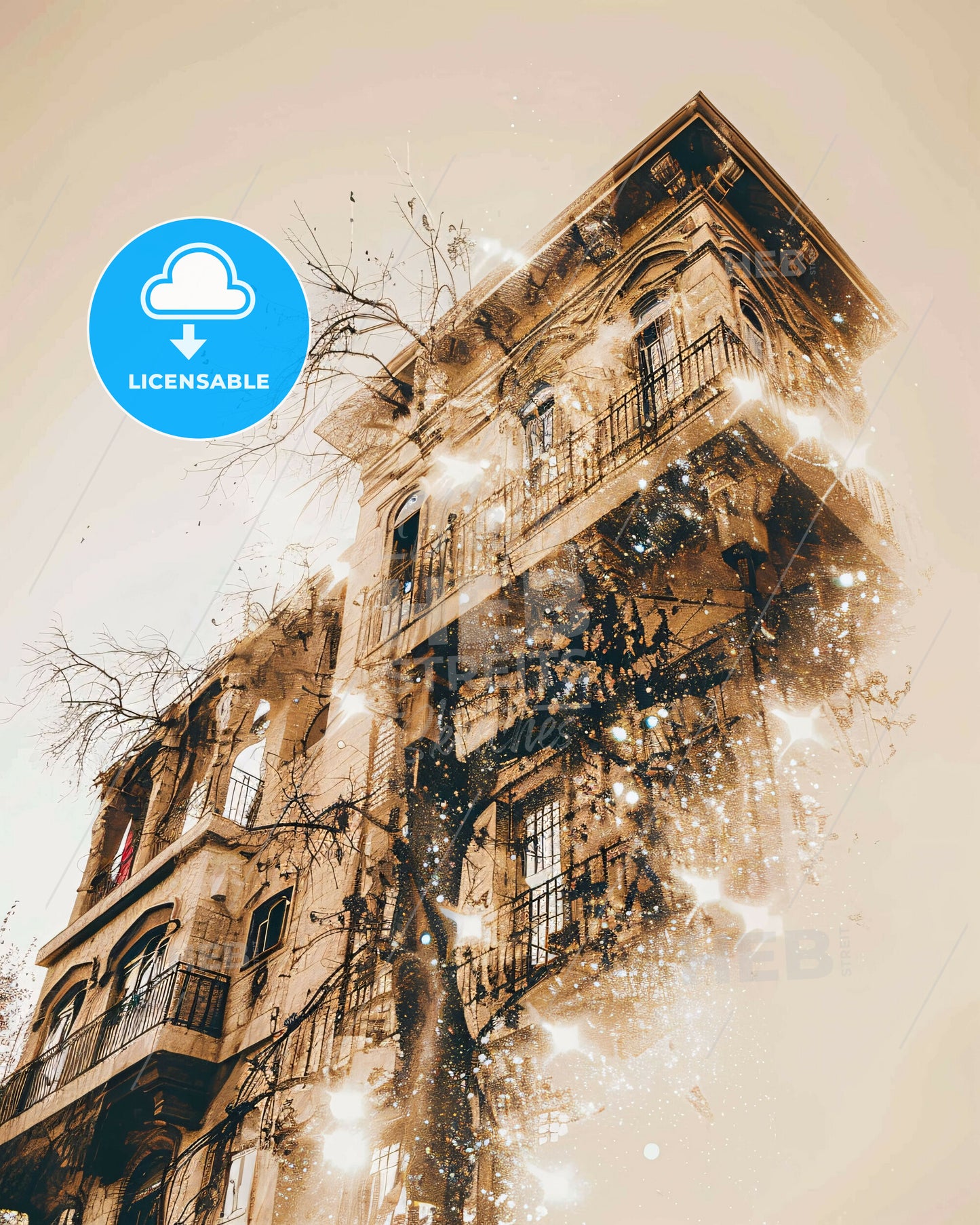 Ramla City Skyline Double Exposure Artwork - A building with trees and lights