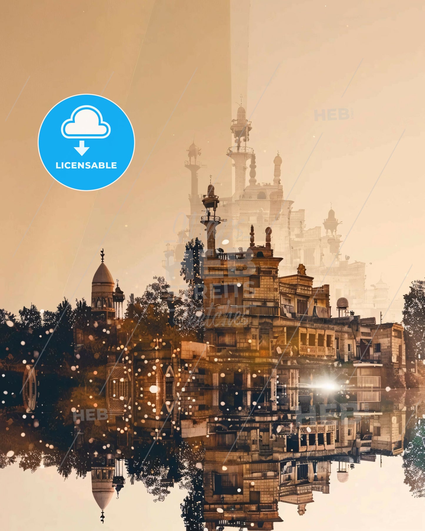 Raqqa Cityscape Beige Poster Night Light Hues - A building with trees and buildings in the background