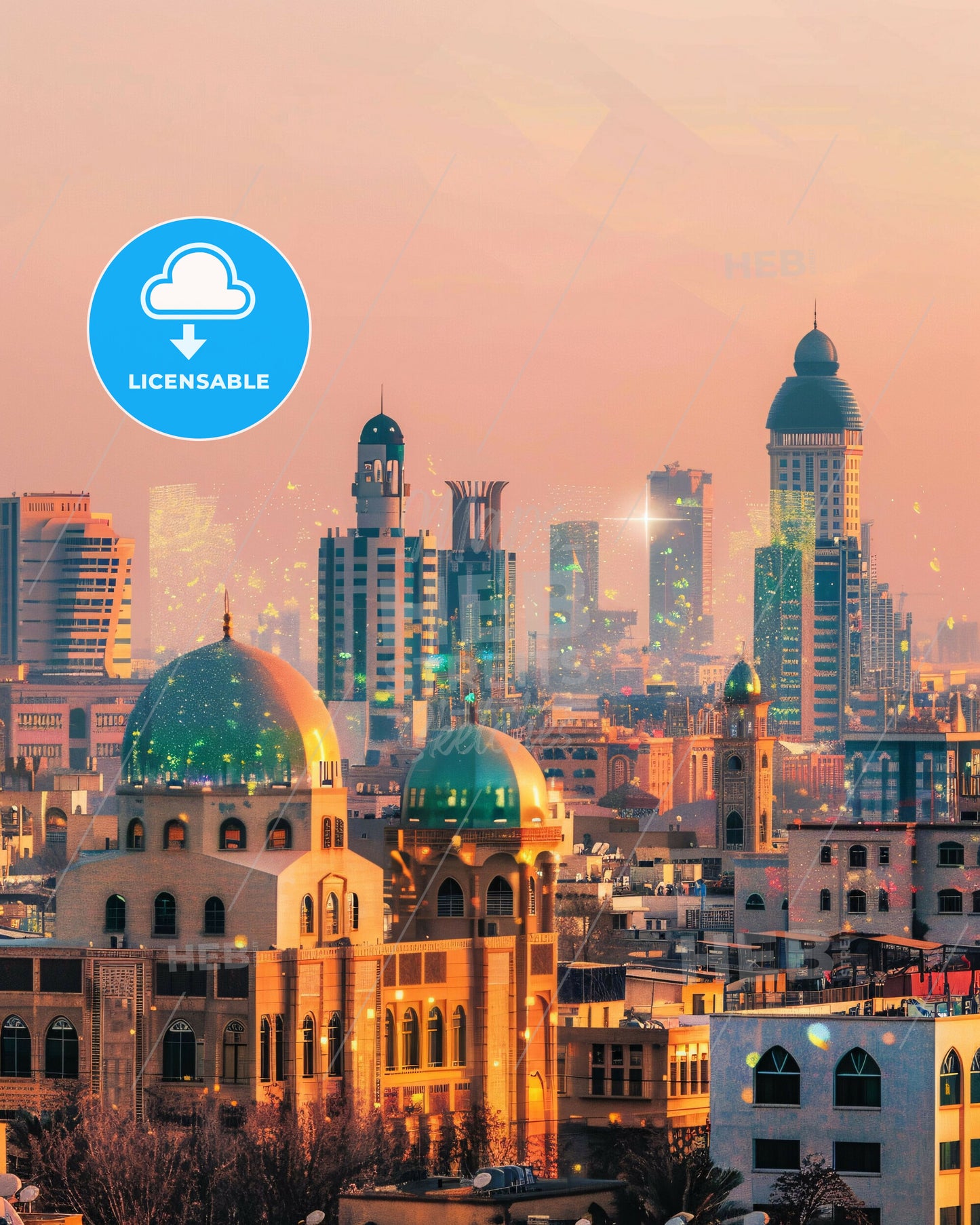 Ras al-Khaimah Skyline Double Exposure Art - A city skyline with many buildings