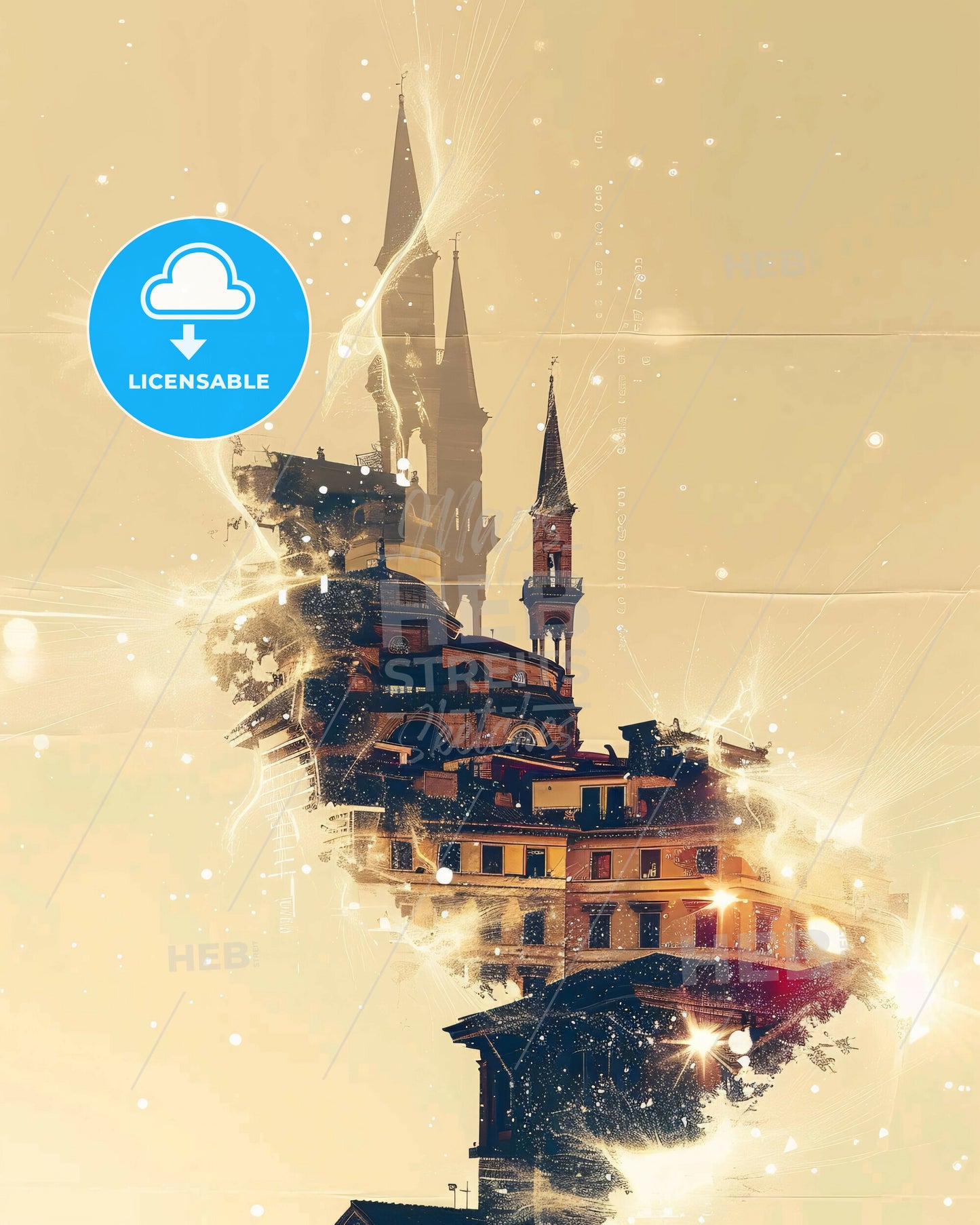 Ravenna City Skyline Composite Art on Beige - A building with towers and a tower