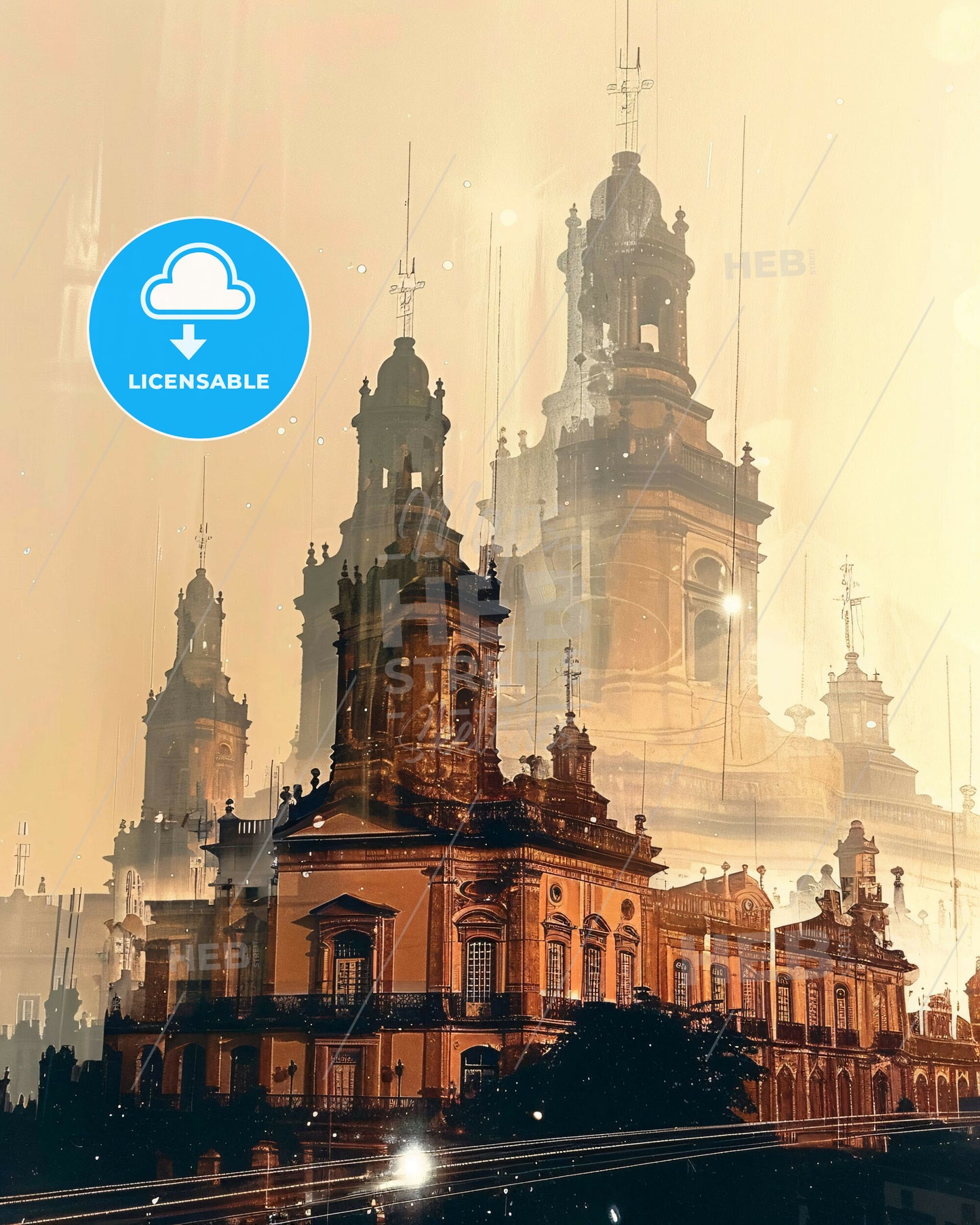 Recife City Double Exposure Skyline Poster - A building with towers and a building with a light in the background