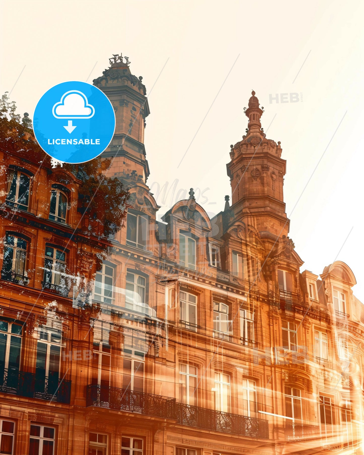 Rennes Skyline Double Exposure Art Bright Beige - Gutenberg Museum with towers and trees