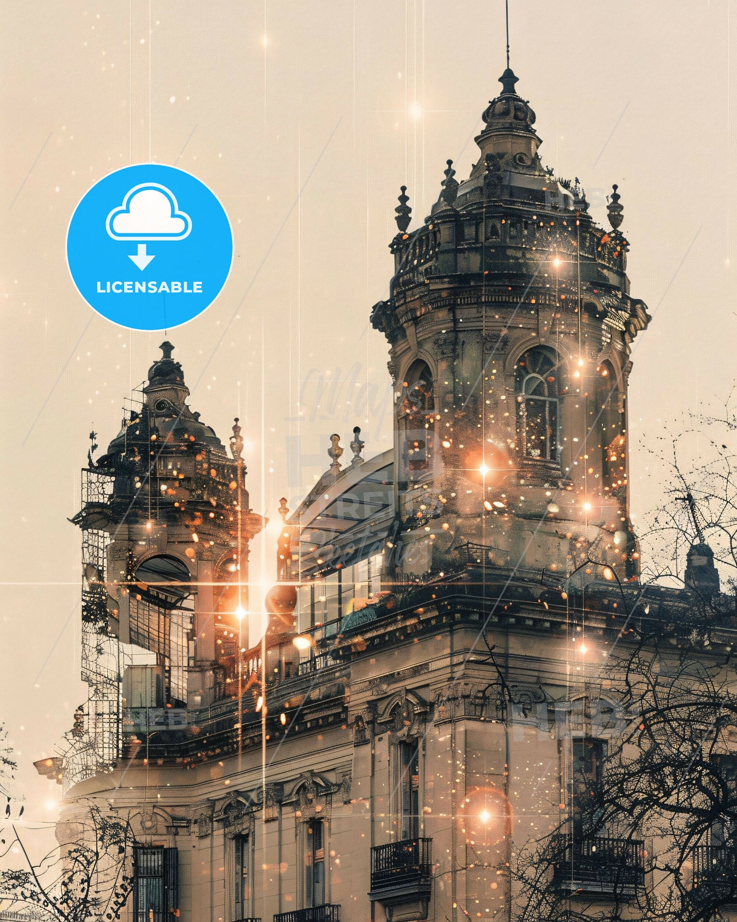 Retiro Spain Double Exposure Art City Skyline Poster - A building with a tower