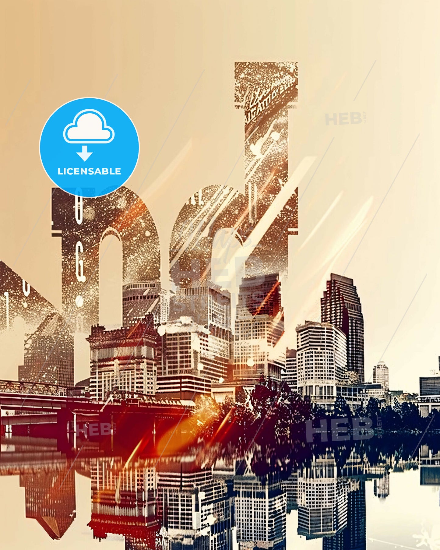 Richmond Skyline Art Deco Poster - A city skyline with a bridge over water