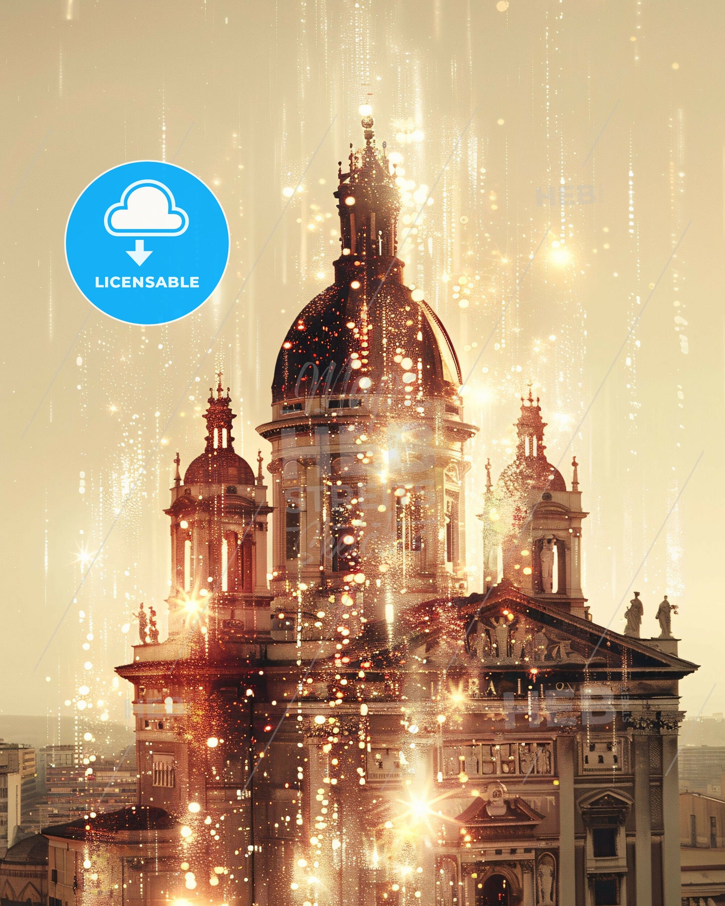 Rimini City Skyline Vintage Poster Art - A building with a dome and a dome and a building with lights