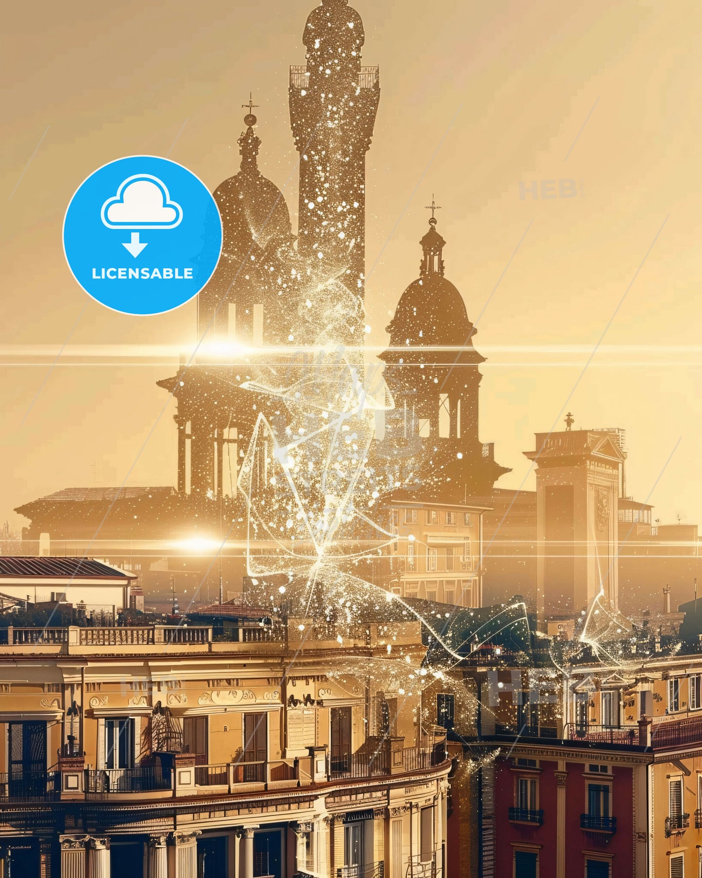 Rimini: A Golden City Skyline Composite - A city with buildings and a building with a light shining through