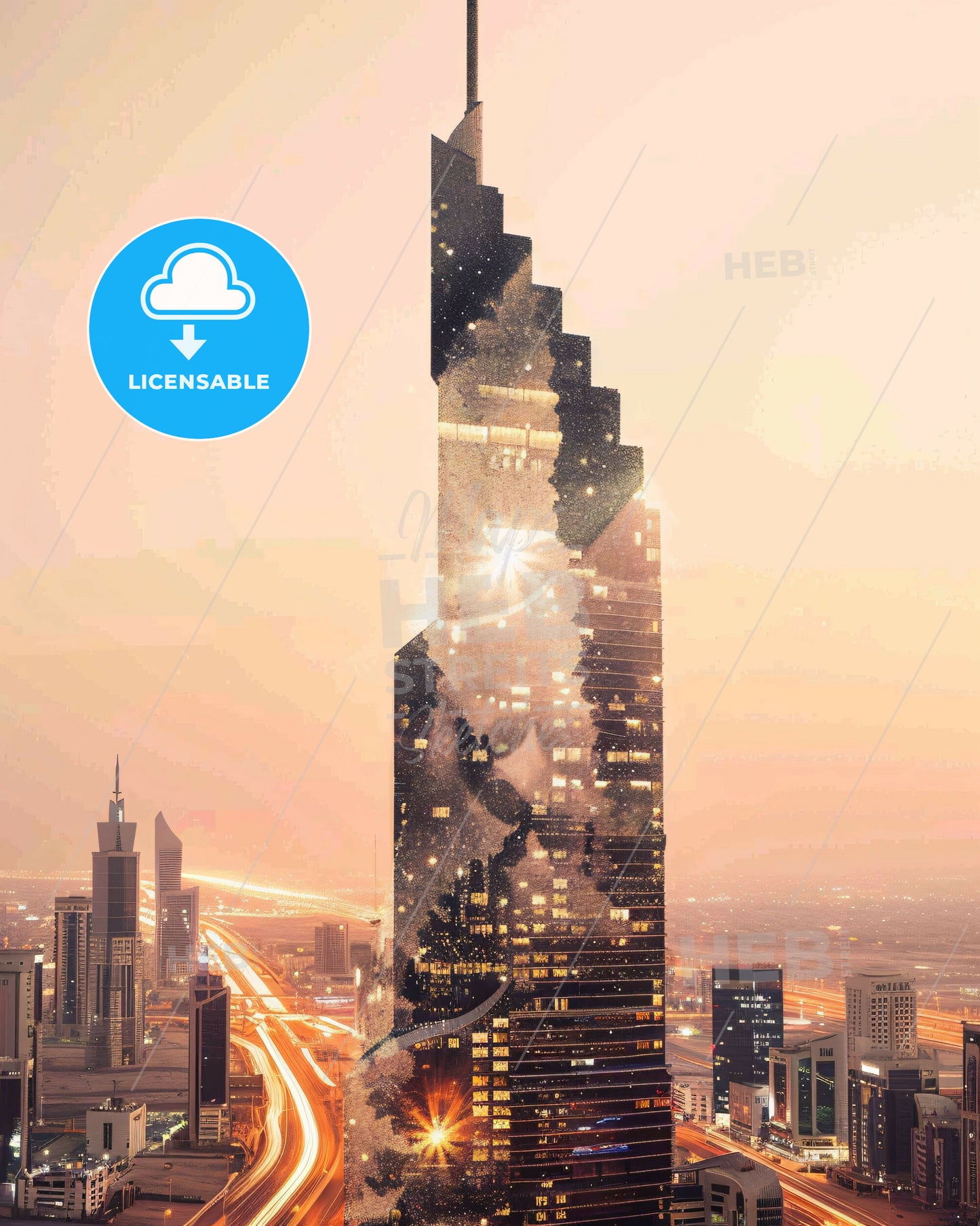 Riyadh Skyline Composite: Beige Beauty with Sparkles - A skyscraper with a broken glass