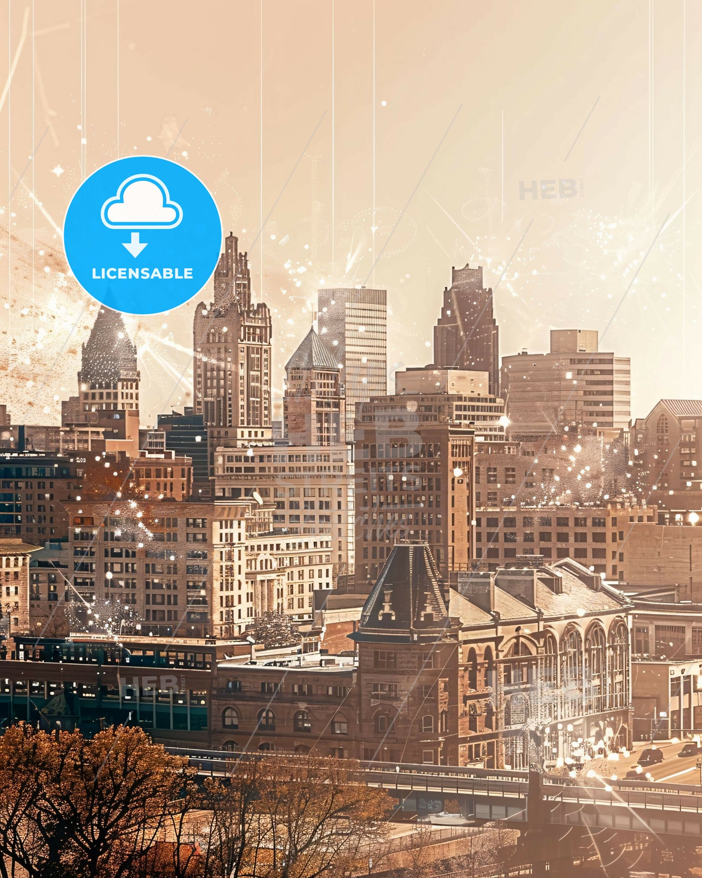 Rochester City Skyline Double Exposure Art - A city with fireworks exploding