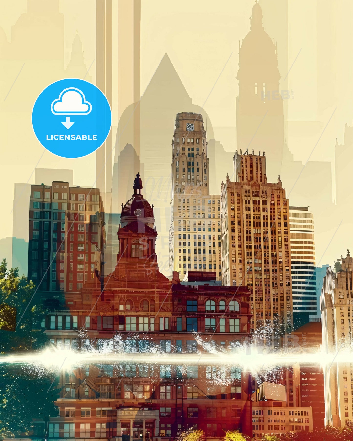 Rochester Artful Skyline Composite Poster - A city skyline with a fountain