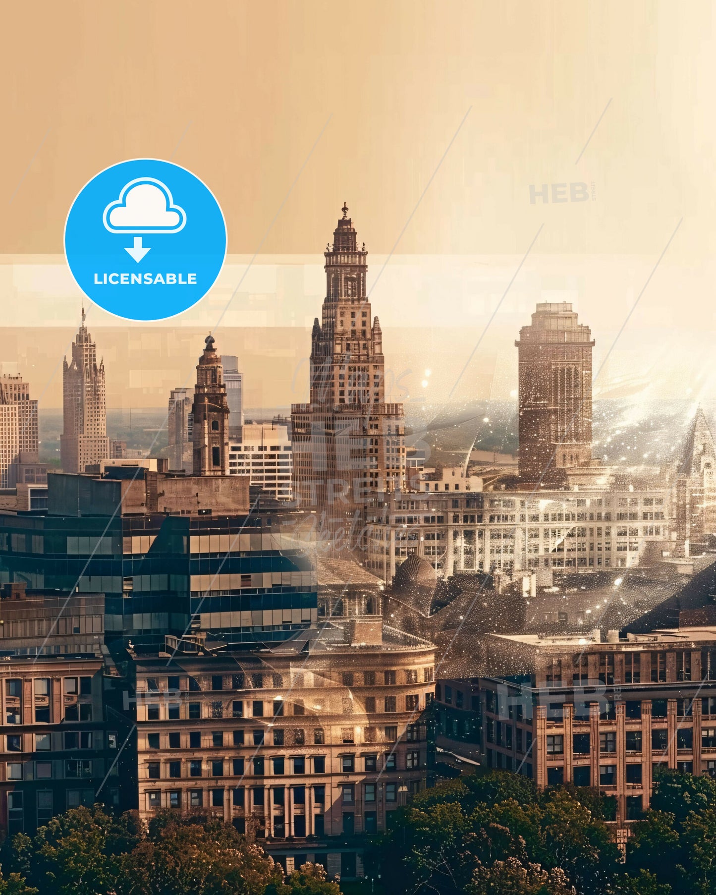 Rochester Skyline Double Exposure Poster Art - A city skyline with sun rays