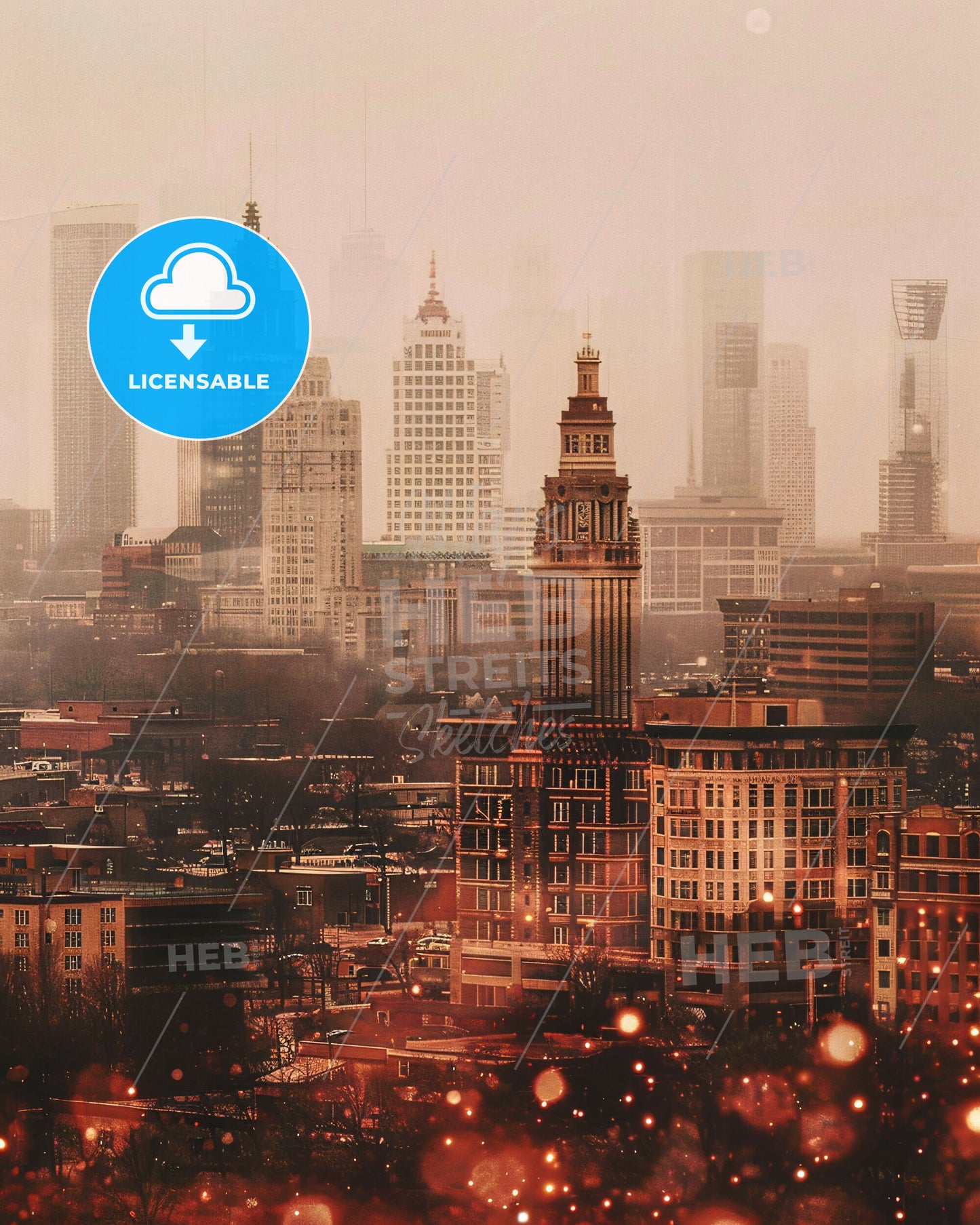 Rockford Cityscape: Local Icons, Bright Beige - A city with many tall buildings