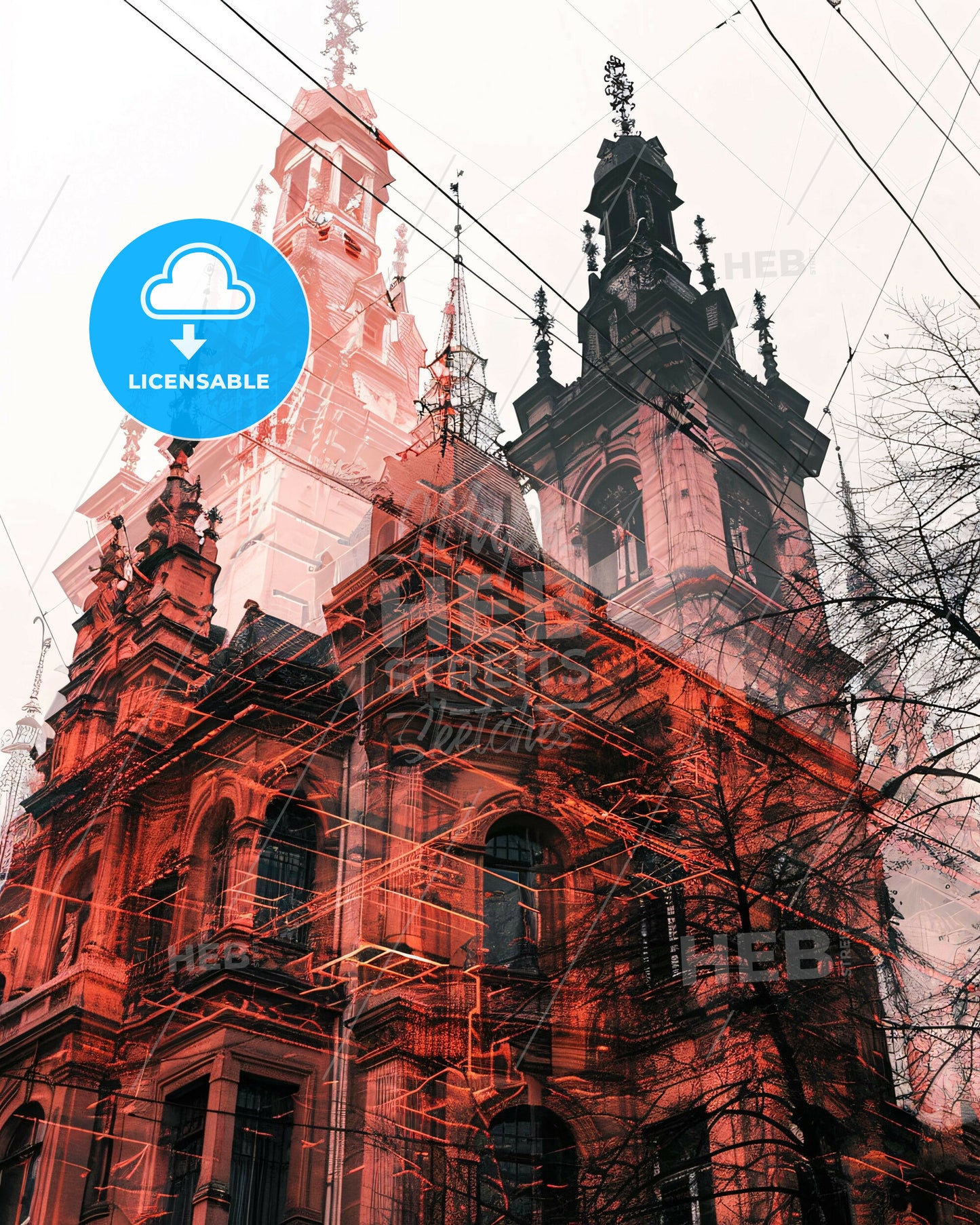 Rouen Double Exposure Skyline Beige Poster - A building with towers and a tower