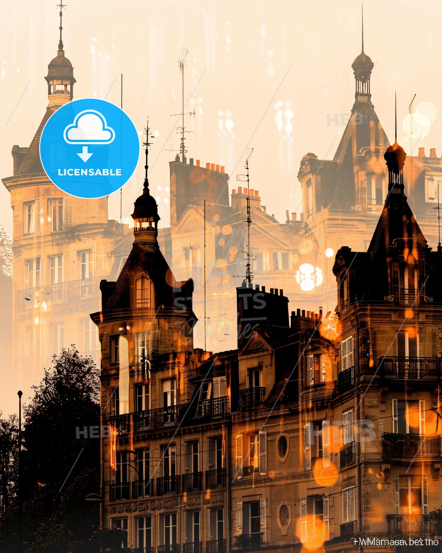 Rueil-Malmaison Skyline Sparkles Beige Poster - A building with towers and towers