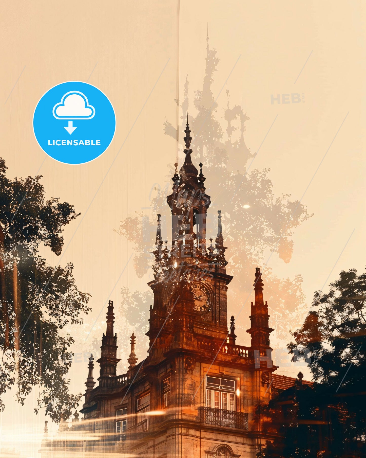 Sacavém Double Exposure Skyline Art Poster - A building with a clock tower