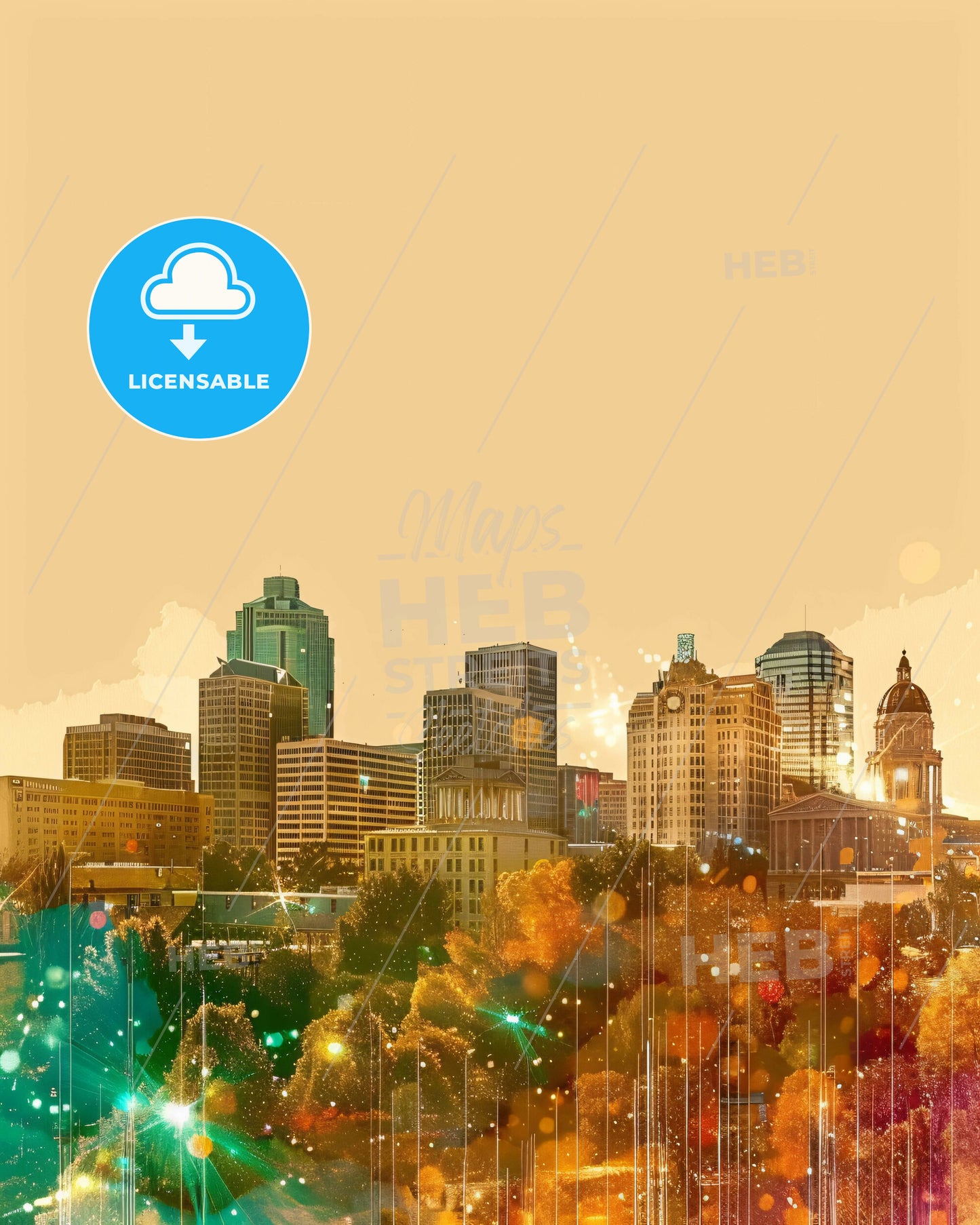 Sacramento Skyline Double Exposure Art Composite - A city skyline with trees and lights