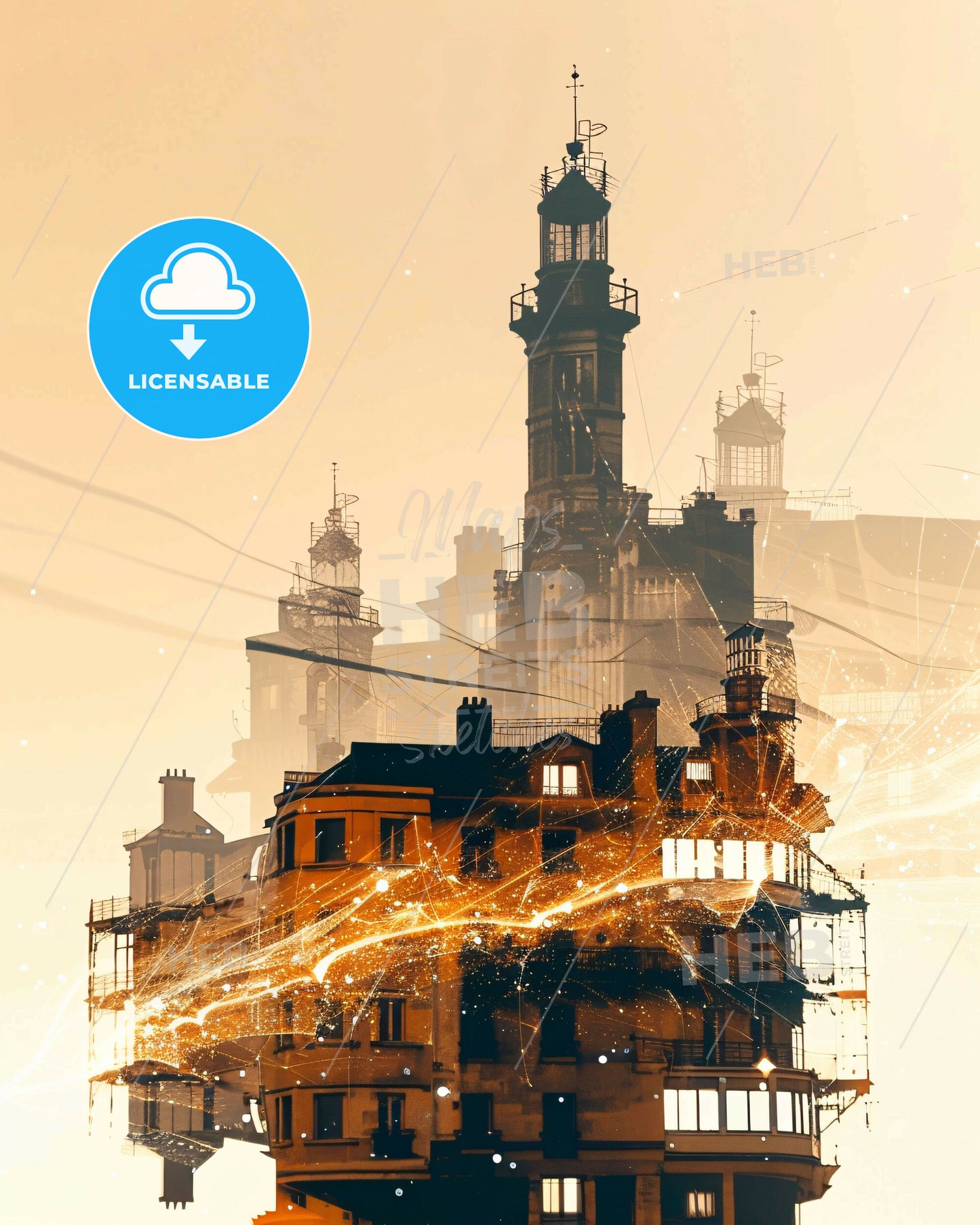 Saint-Nazaire Skyline: Icons in Double Exposure - A building with towers and lights