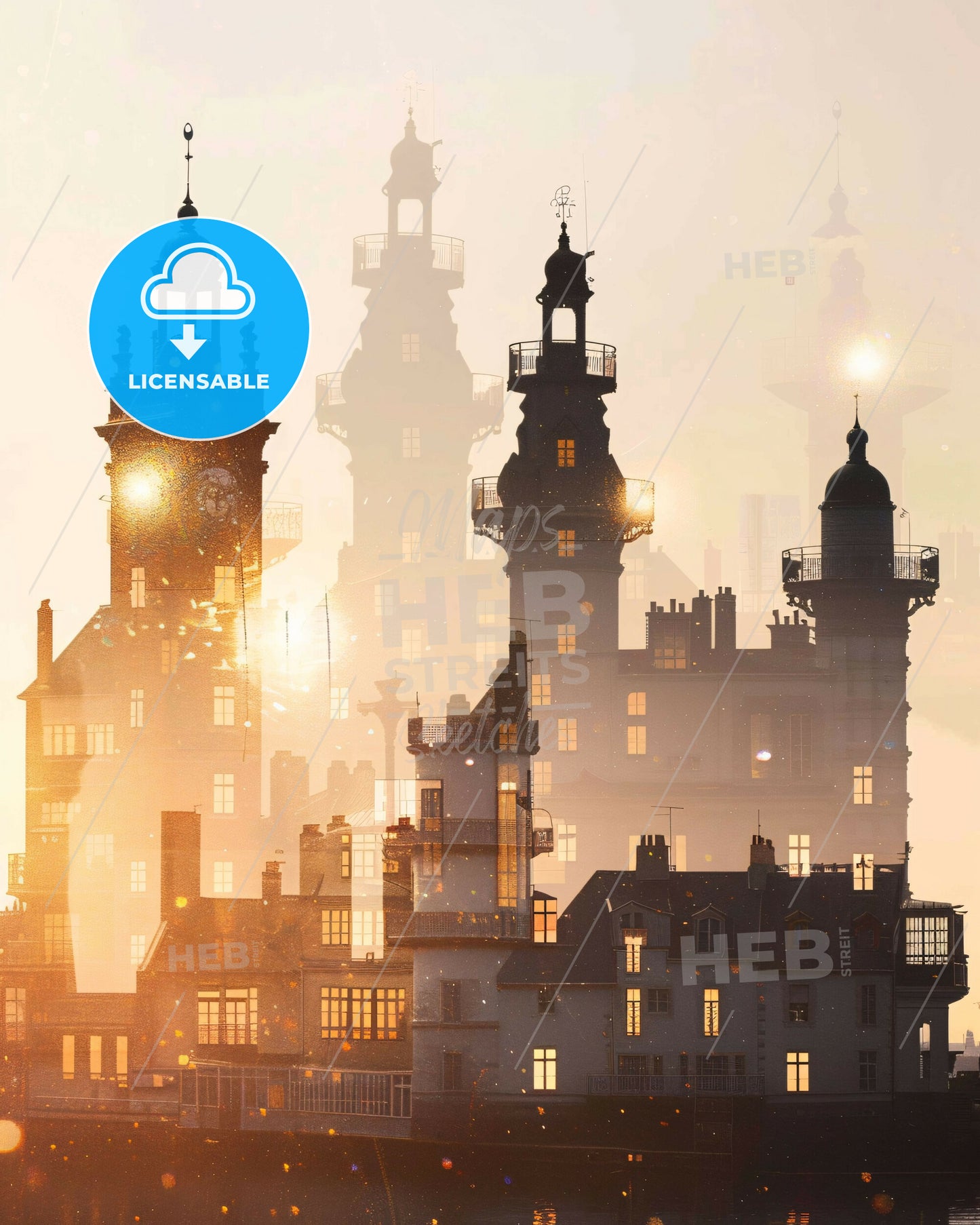 Saint-Nazaire Skyline Art: Beige Sparkles Silhouette - A city with a clock tower