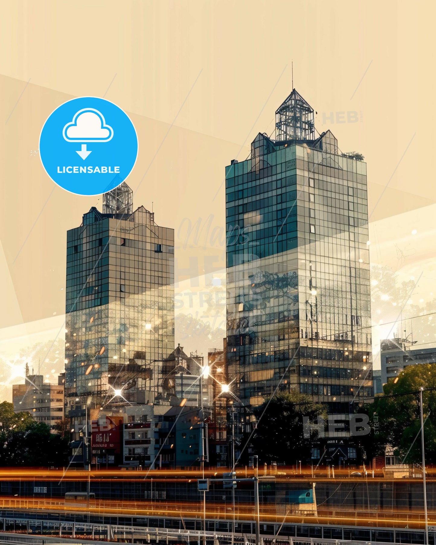 Saitama Skyline at Twilight, Beige Background - A group of tall buildings with trees and a street in the background