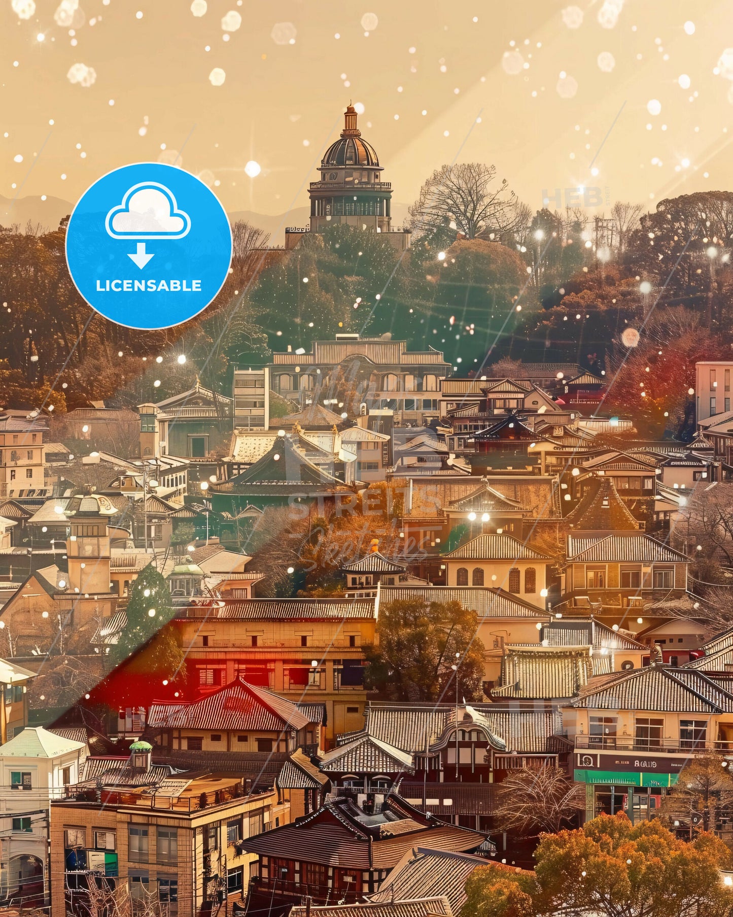 Sakai Japan Skyline Art: Beige Paper Sparklers - A city with many buildings and trees