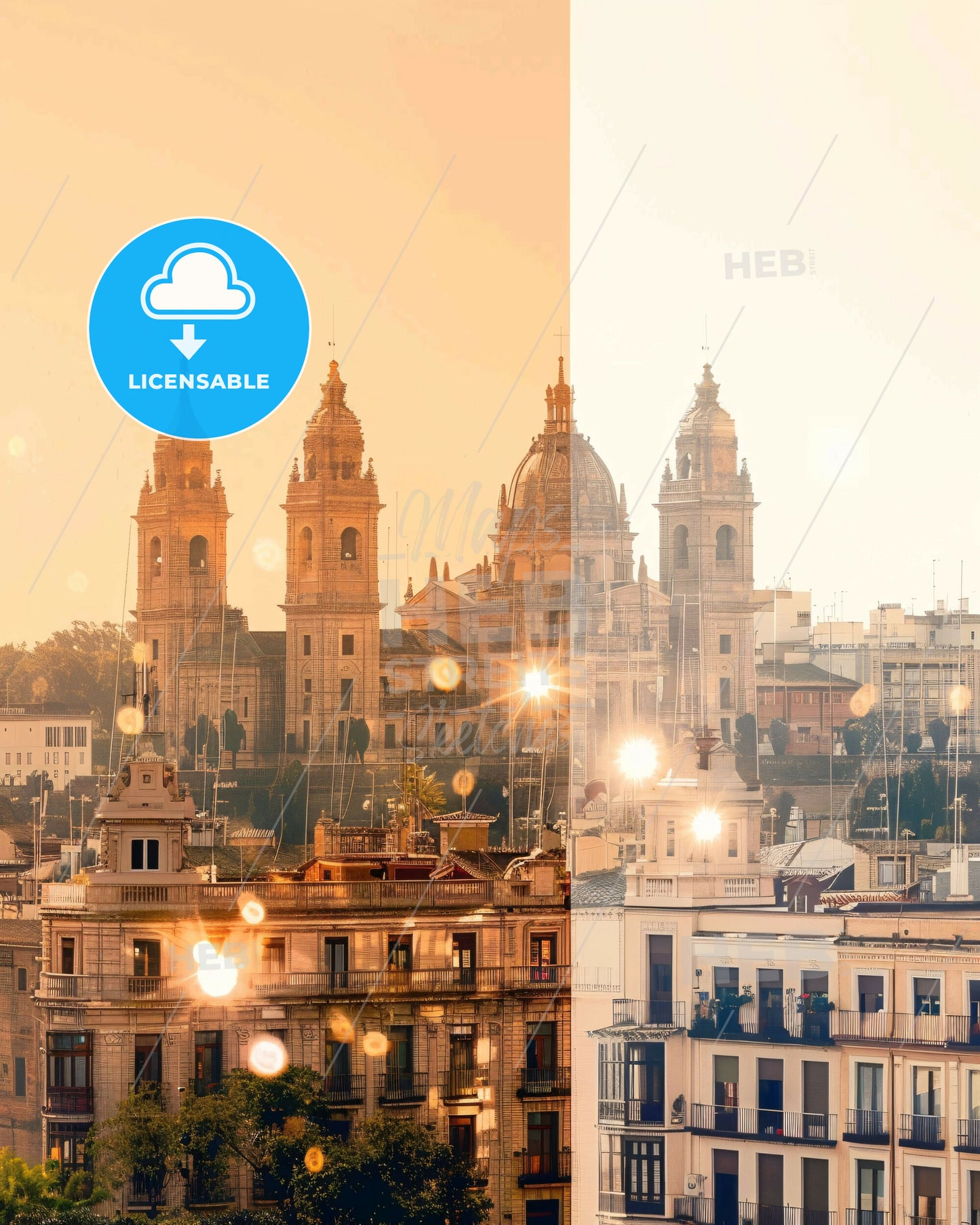 Salamanca City Skyline Double Exposure Art Bright Beige - A split image of a city