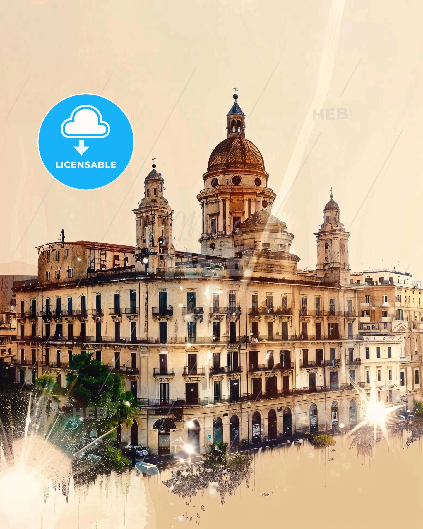 Salerno: Double Exposure Skyline Art with Subtle Backlights - A building with a dome on top