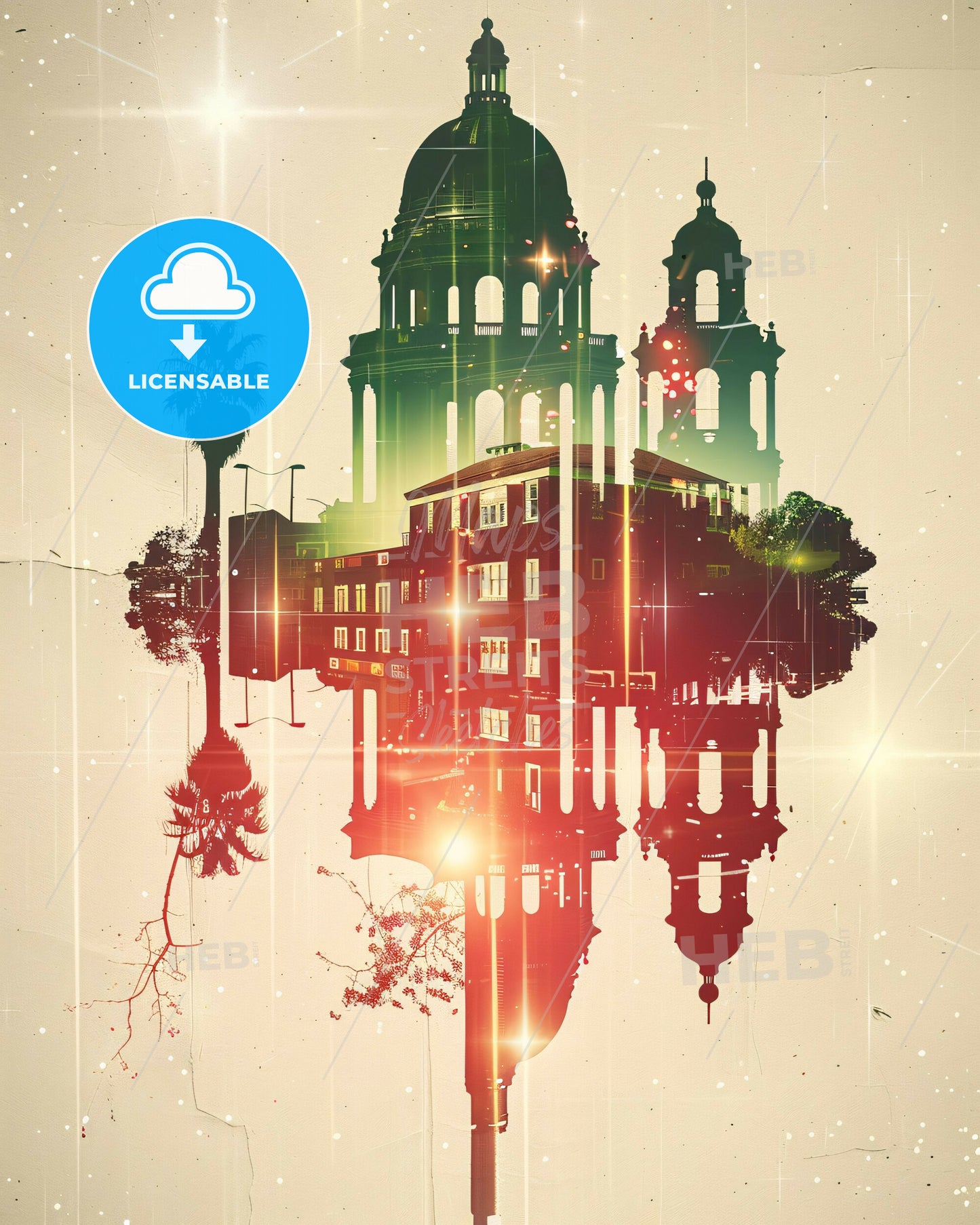 Salinas Skyline Double Exposure Sparkle Poster - A building with a dome and palm trees