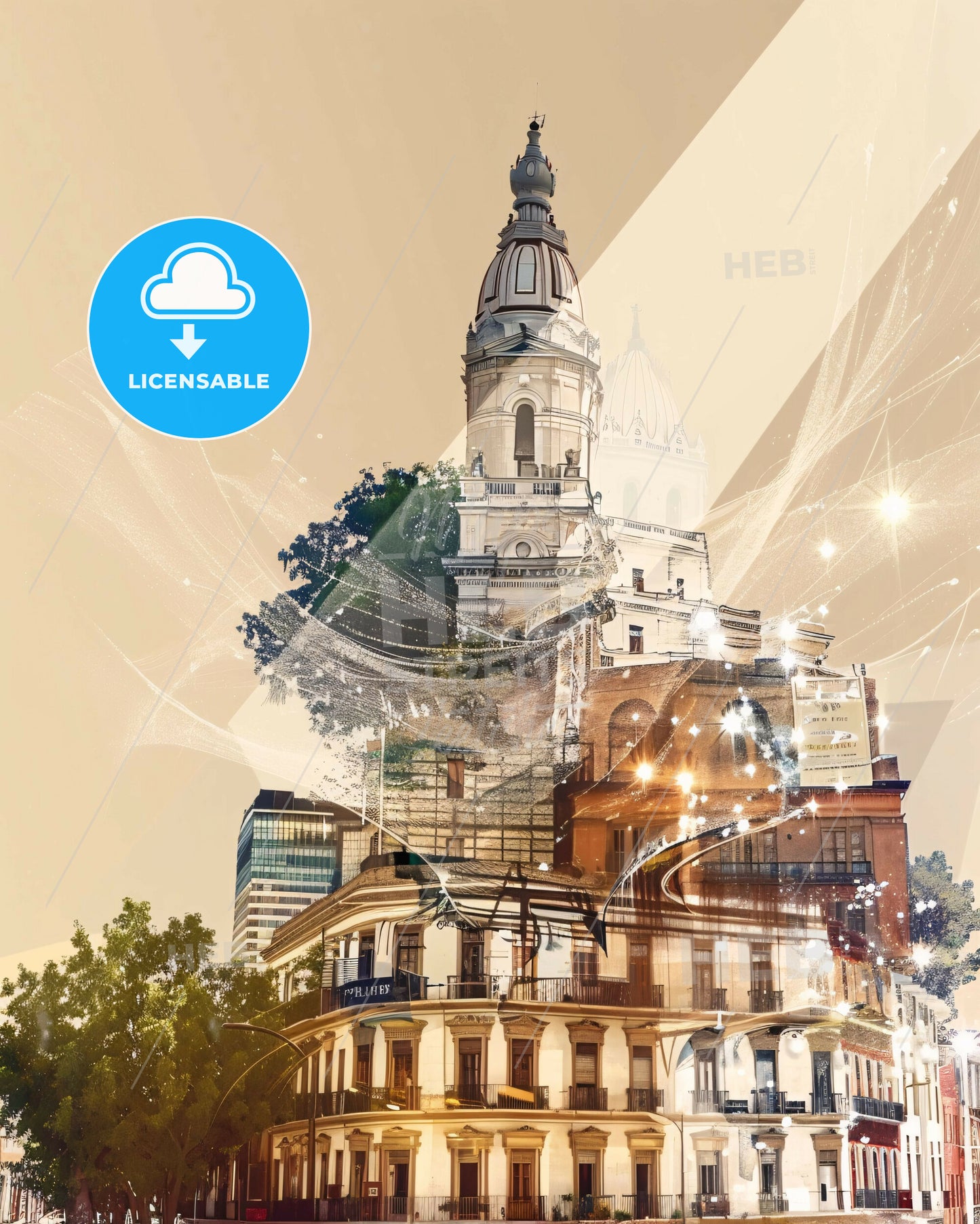 Salta, Argentina: Skyline Dreamscape on Paper - A building with a tower and a tree