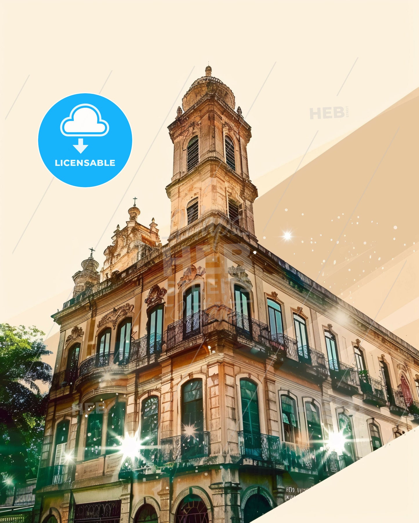 Salvador City Skyline Double Exposure Art - A building with a tower