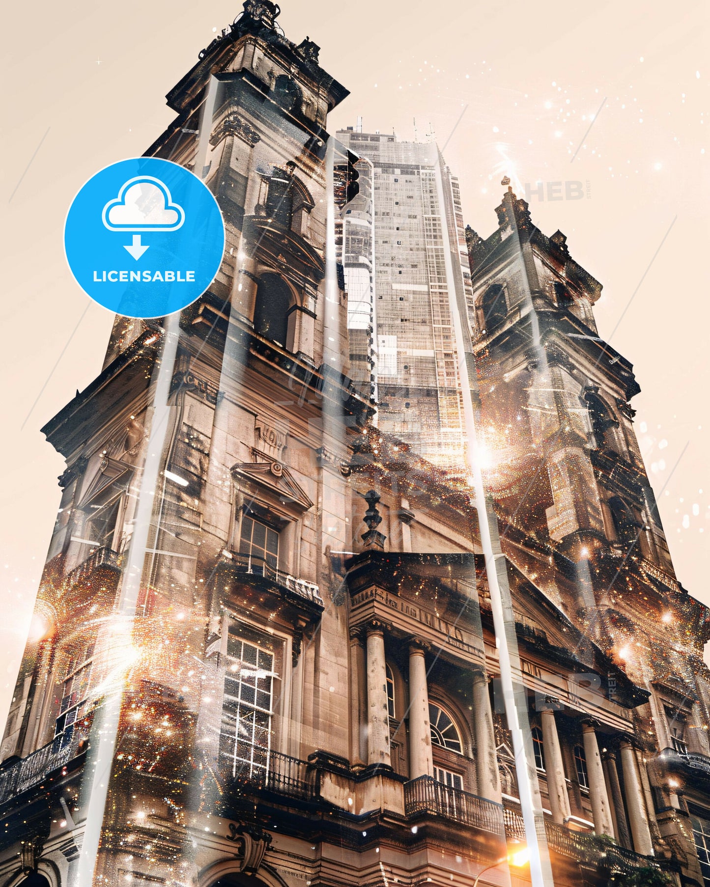 Salvador City Lights: Sunset Mirage Art Poster - A tall building with a tower