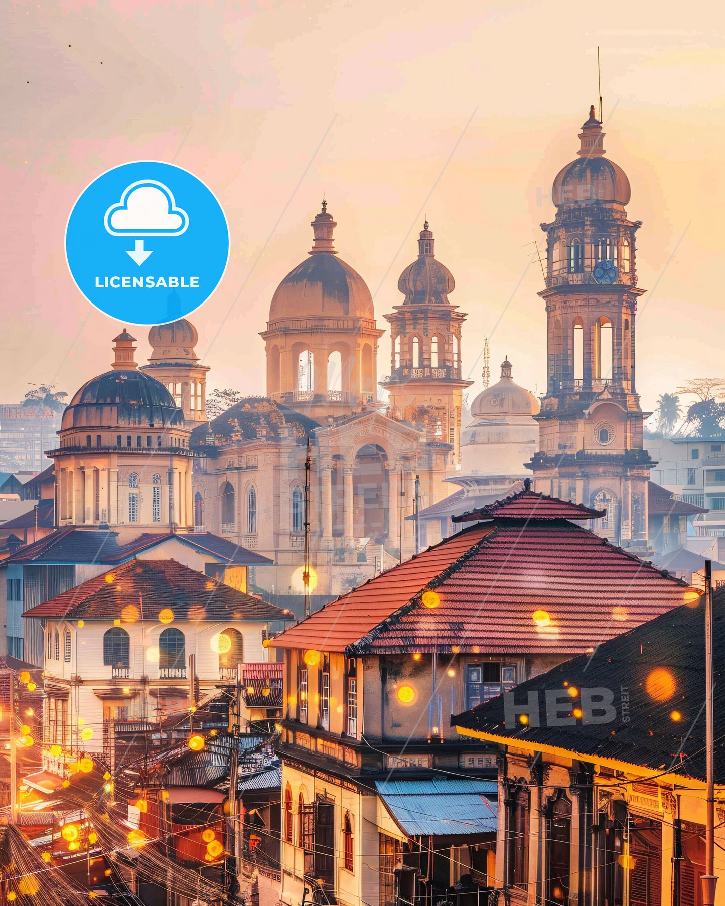 Samarinda Skyline Panorama Poster Art Print - A group of buildings with domes and a clock tower