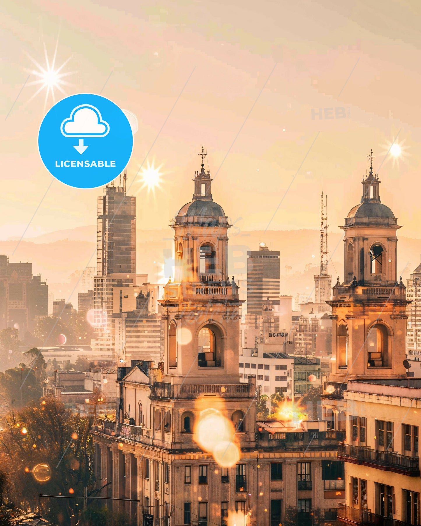 San Juan City Skyline Double Exposure Art Poster - A large building with towers and a city skyline