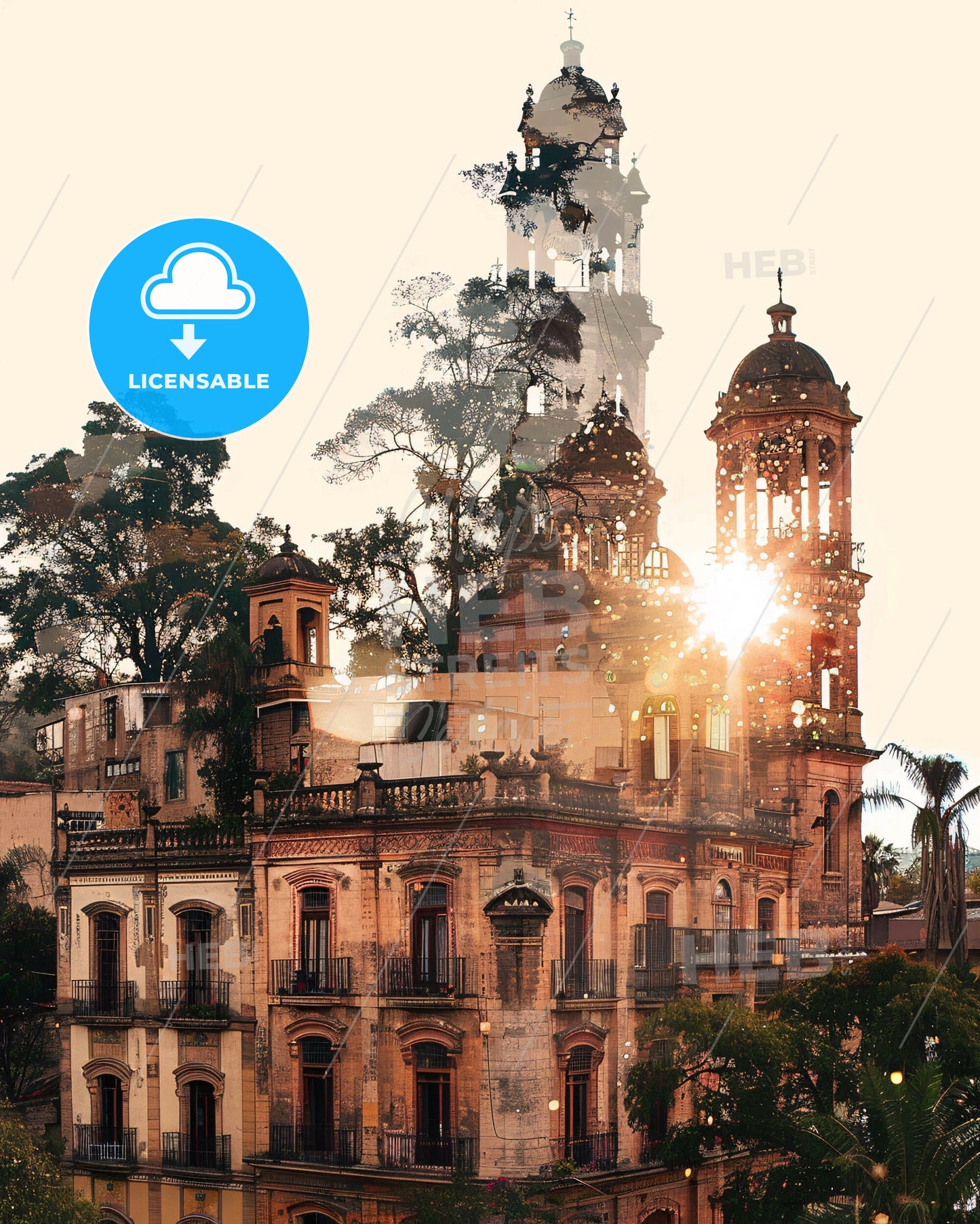 Tucuman Skyline Double Exposure Art - A building with trees and a tower