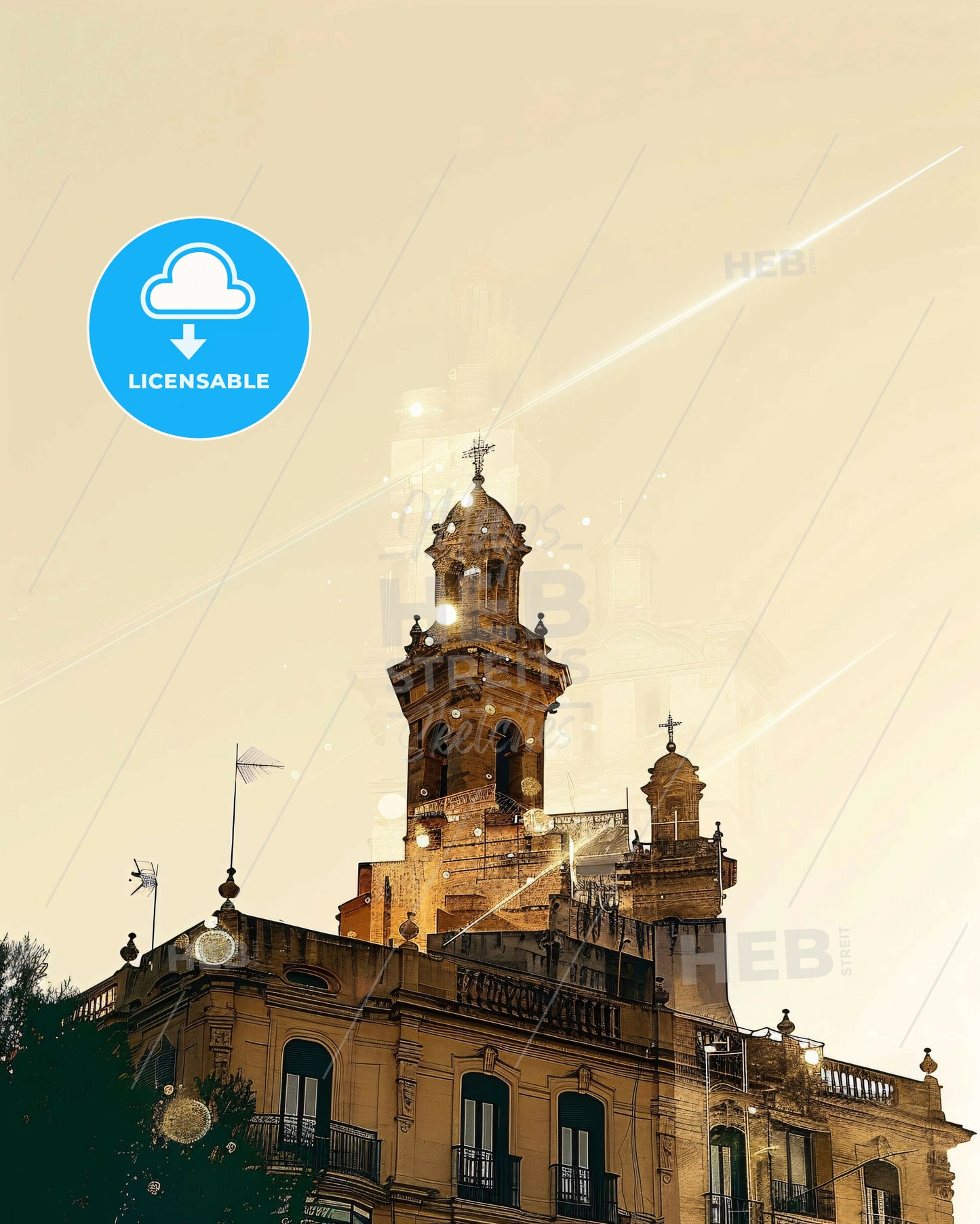 Sant Andreu de Palomar Skyline Double Exposure Art - A building with a tower