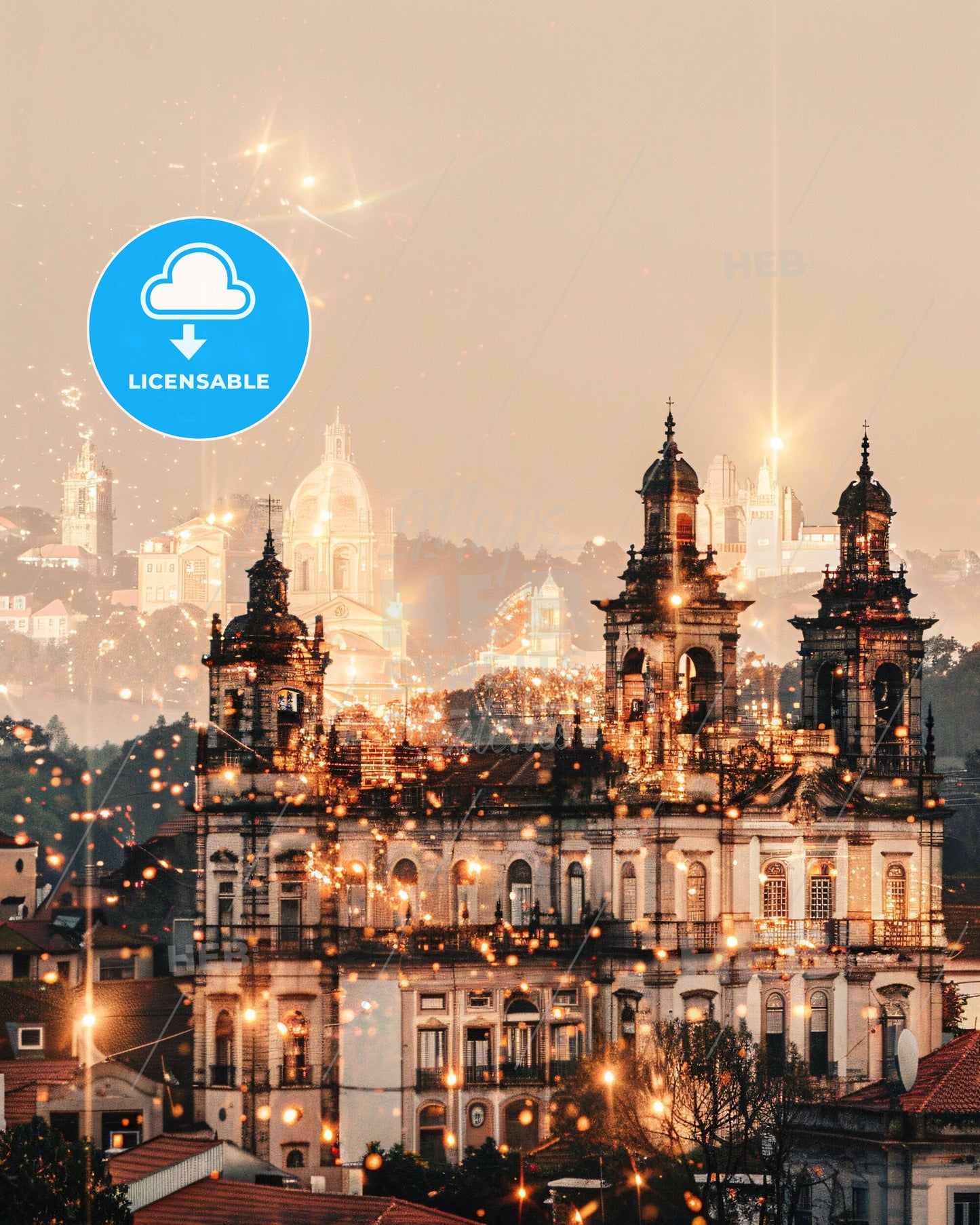 Santarém Skyline Art: Double Exposure, Bright Paper - A building with many lights