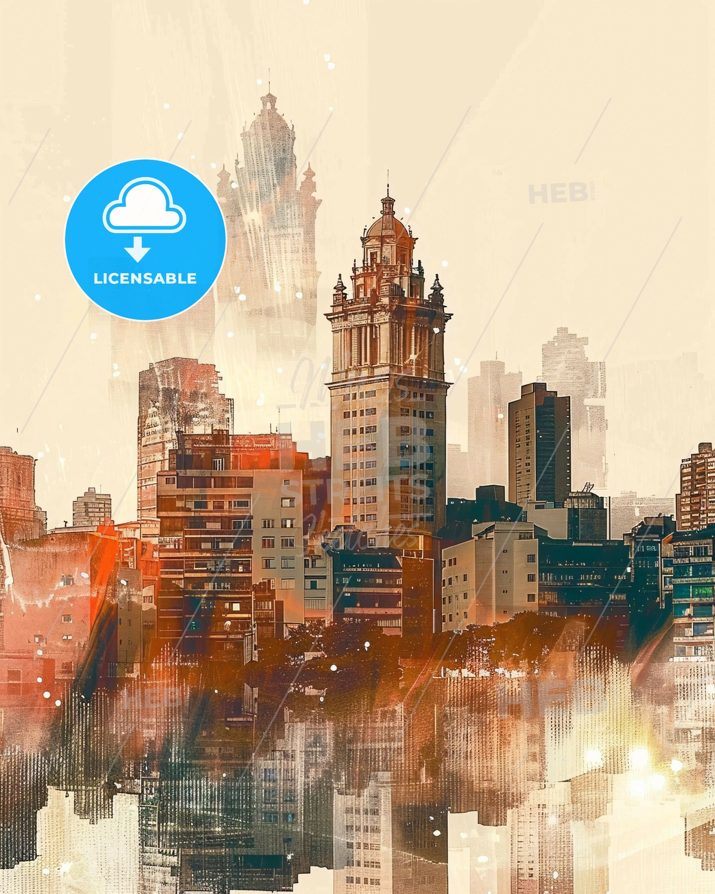 Santos Skyline Double Exposure Composite Art Poster - A city skyline with tall buildings