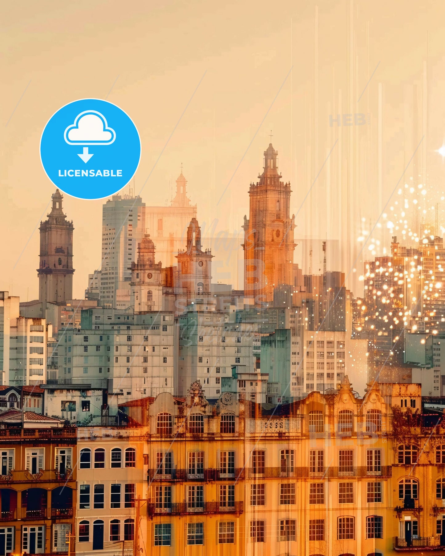 Sao Vicente Double Exposure City Skyline - A city skyline with fireworks