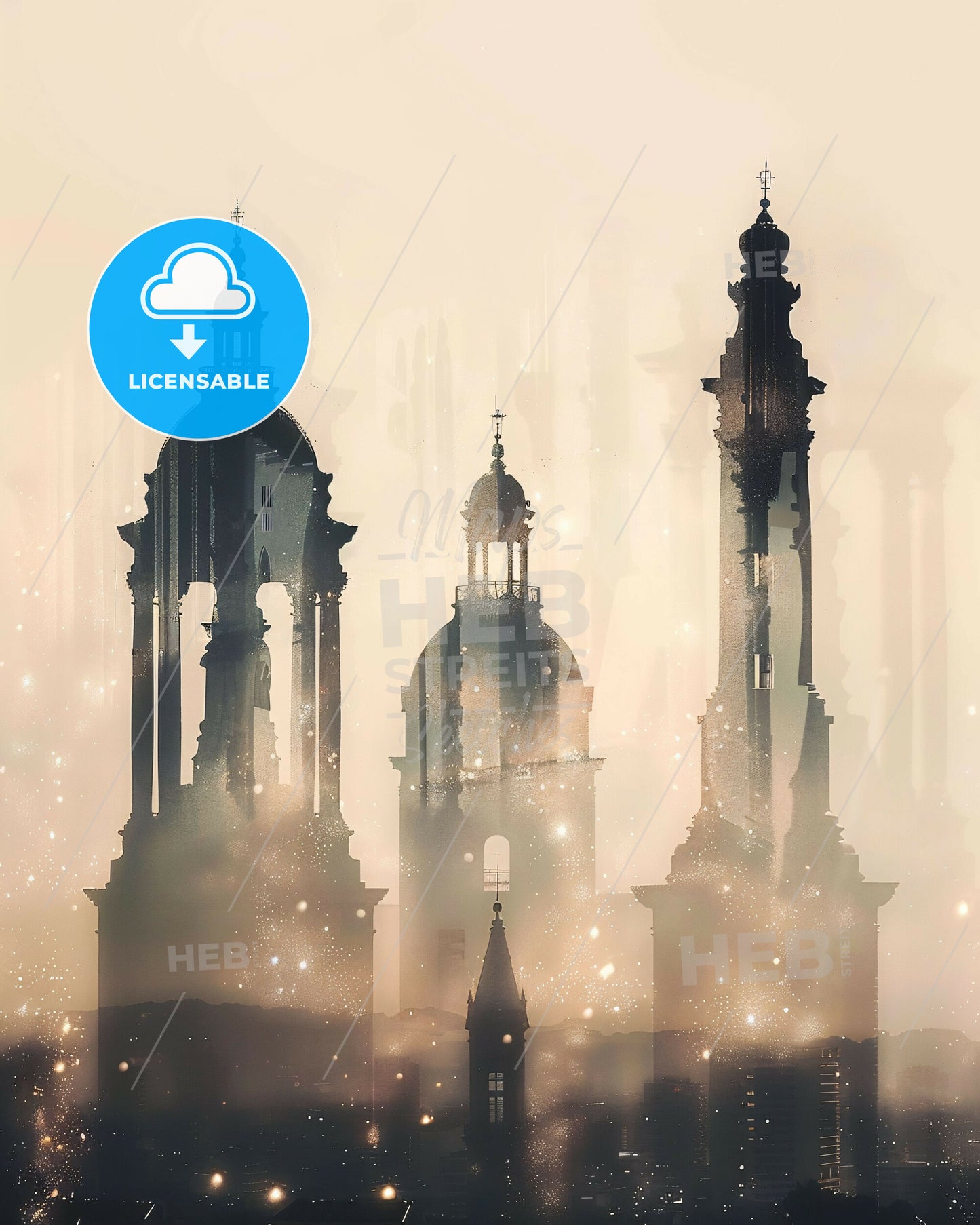 Sarcelles Skylines Double Exposure Art Lights Bright Beige - A silhouette of a building with towers and towers