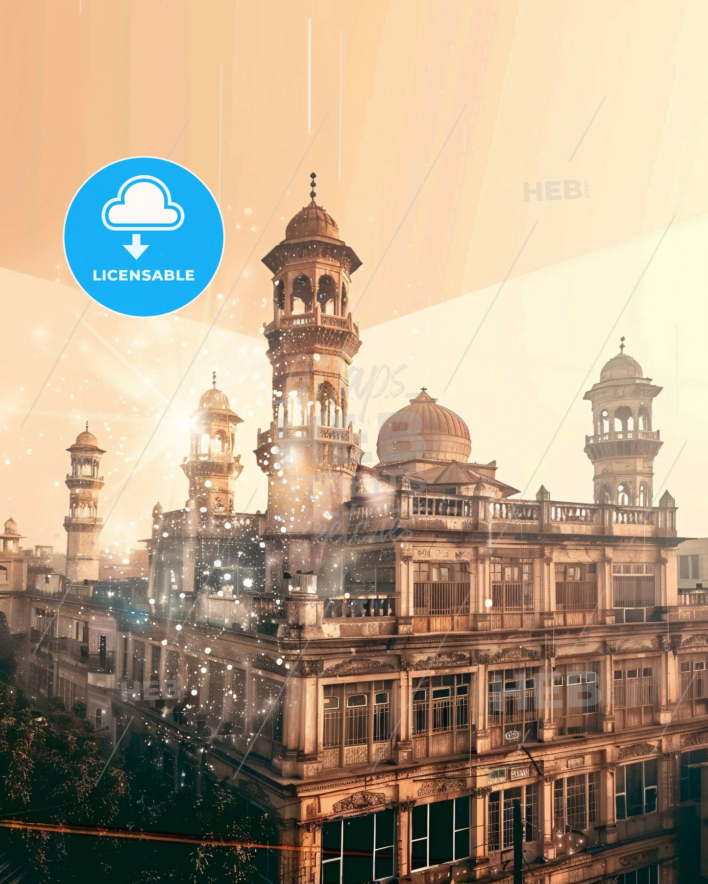 Sargodha, Pakistan: Bright beige double exposure poster - A building with towers and a light in the background