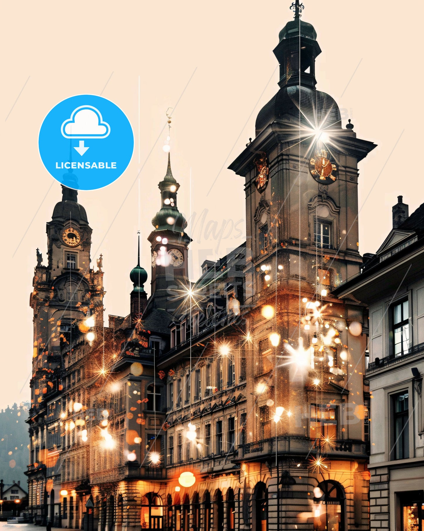 Schaffhausen Skyline Composite Art Poster Design - A building with a clock tower and lights