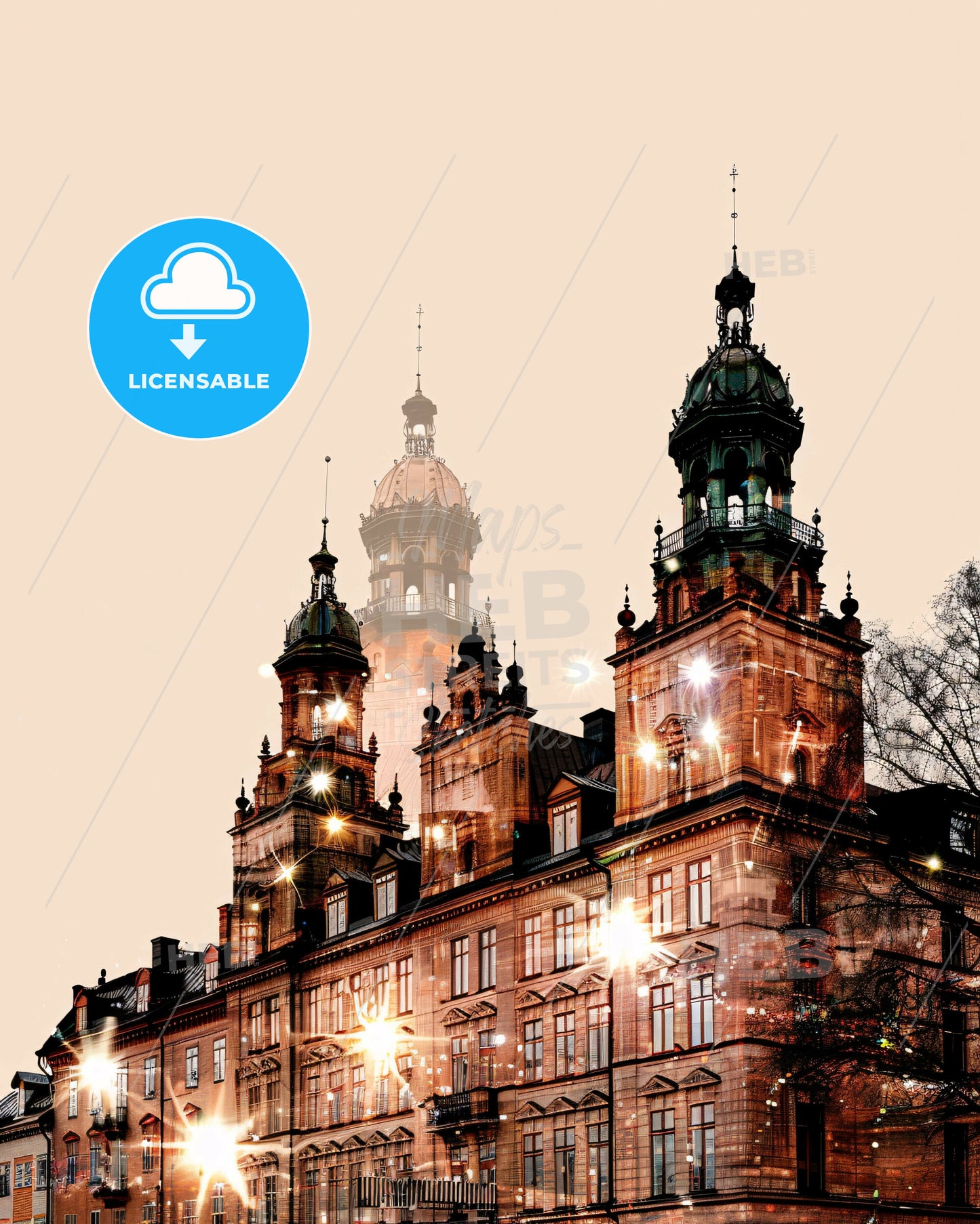 Södertälje Cityscape Composite Art Poster - A building with many lights on top