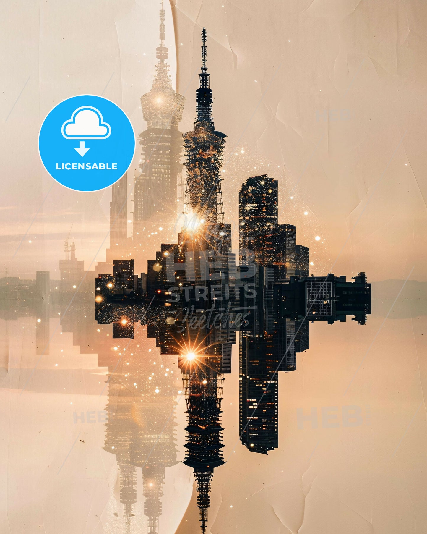 Sendai Skyline Double Exposure Art Poster - A reflection of a city in a body of water